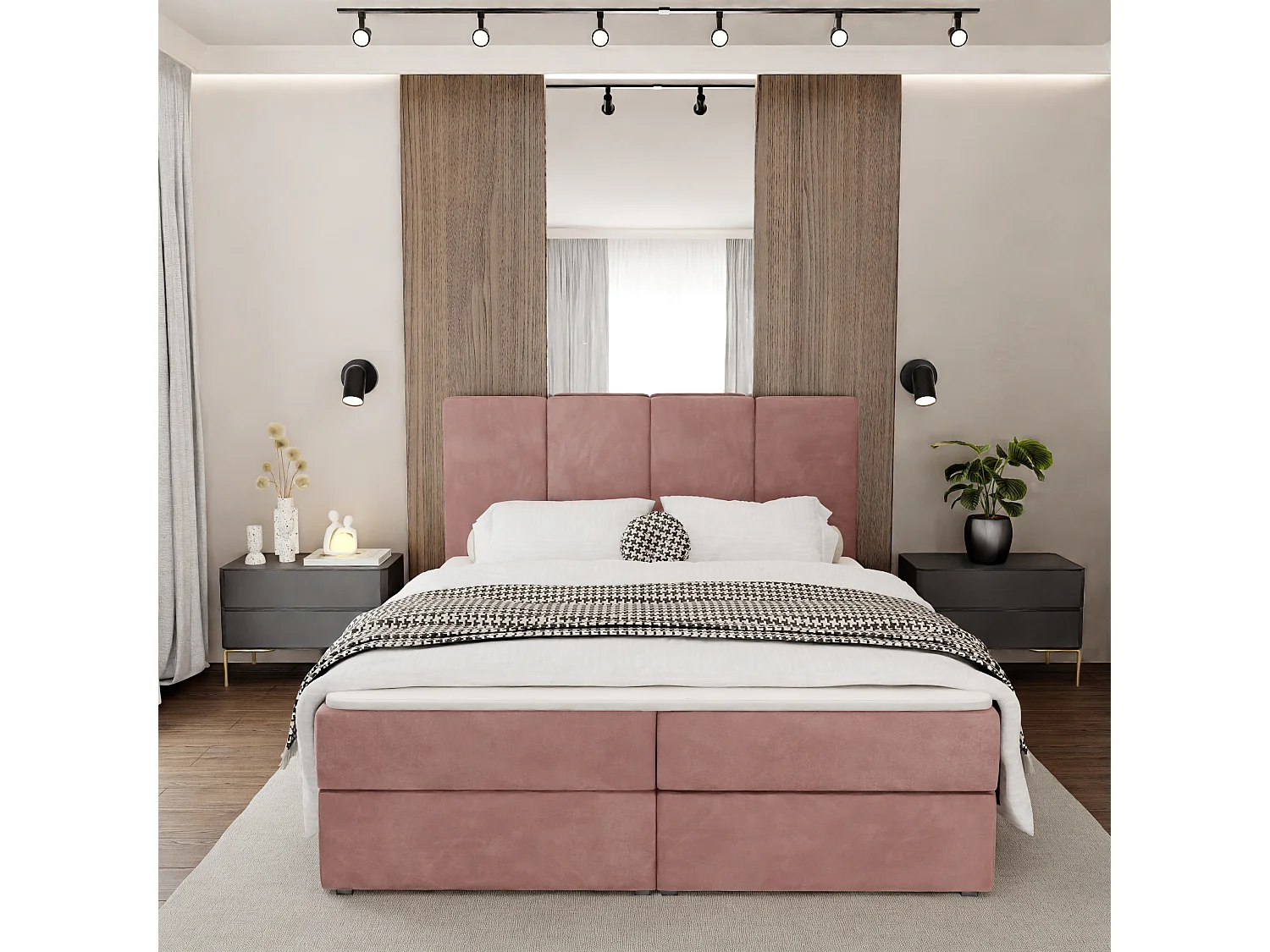 Muralo KONTINENTALBETT für Schlafzimmer Polsterbett mit zwei Bettkasten Bett mit Polsterkopfteil Doppelbett 140x200 Bett mit Stauraum Rosa