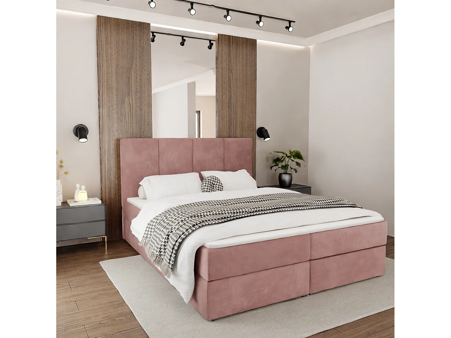 Muralo KONTINENTALBETT für Schlafzimmer Polsterbett mit zwei Bettkasten Bett mit Polsterkopfteil Doppelbett 140x200 Bett mit Stauraum Rosa
