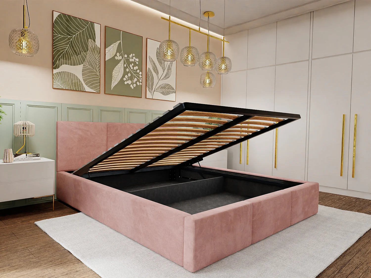 Muralo POLSTERBETT für Schlafzimmer Polsterbett mit Bettkasten und Gasdruckfeder Bett mit Polsterkopfteil Doppelbett 180x200 Bett mit Stauraum Rosa