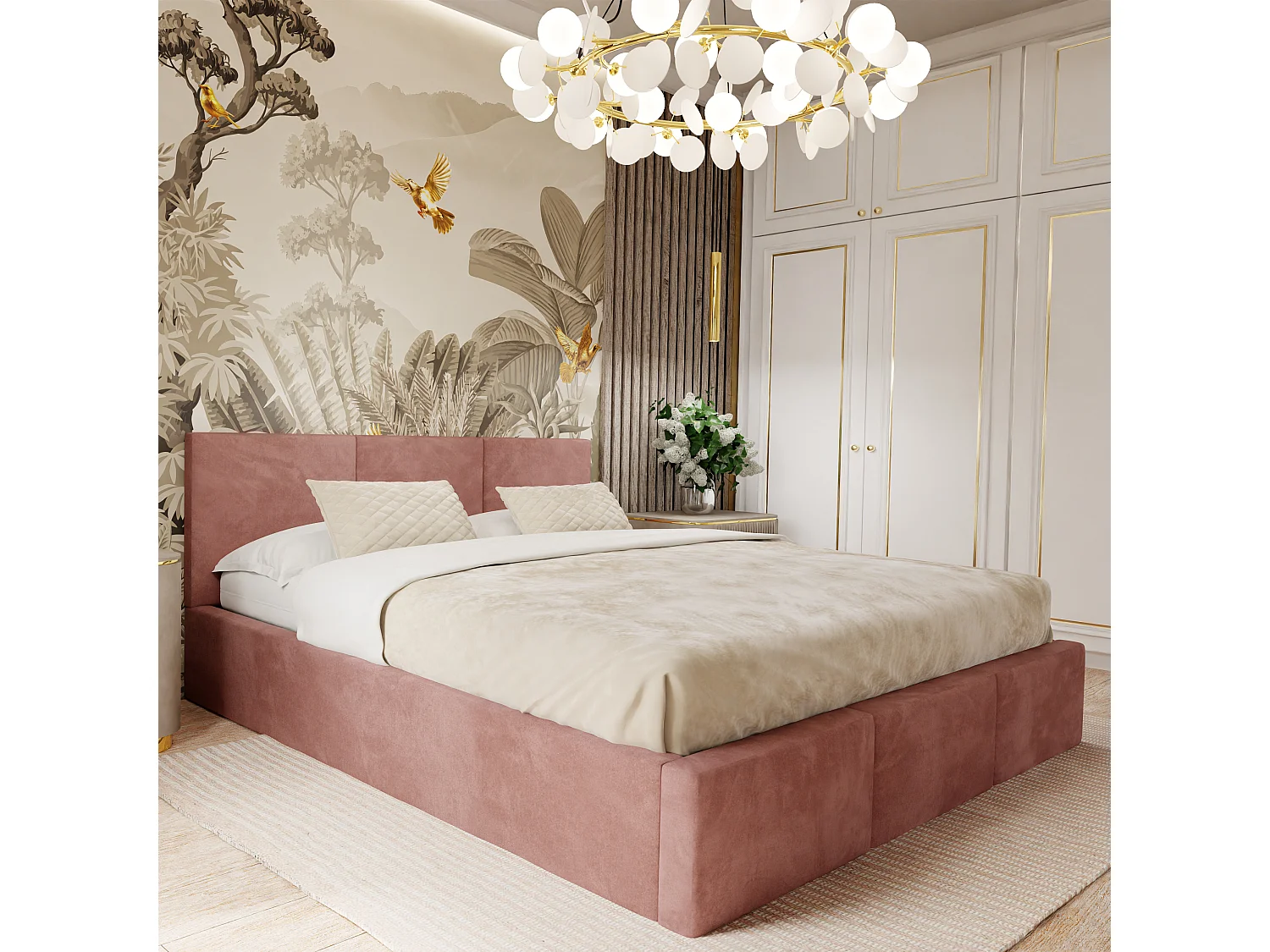 Muralo POLSTERBETT für Schlafzimmer Polsterbett mit Bettkasten und Gasdruckfeder Bett mit Polsterkopfteil Doppelbett 160x200 Bett mit Stauraum Altrosa