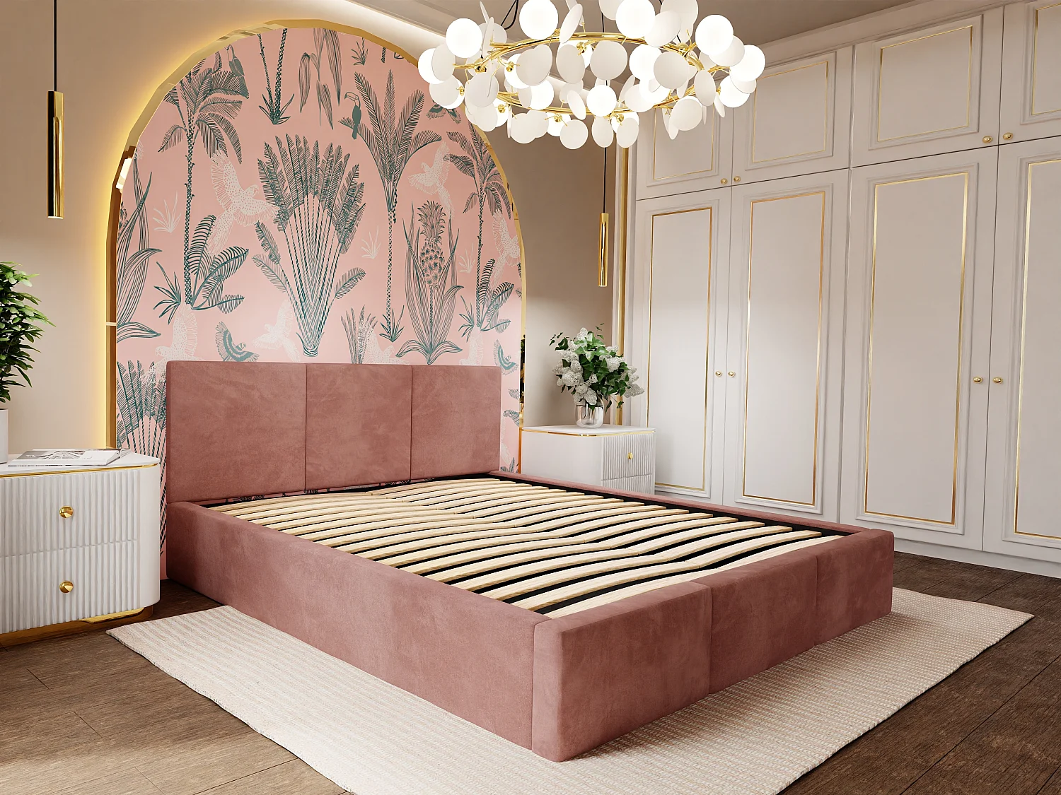 Muralo POLSTERBETT für Schlafzimmer Polsterbett mit Bettkasten und Gasdruckfeder Bett mit Polsterkopfteil Doppelbett 160x200 Bett mit Stauraum Altrosa