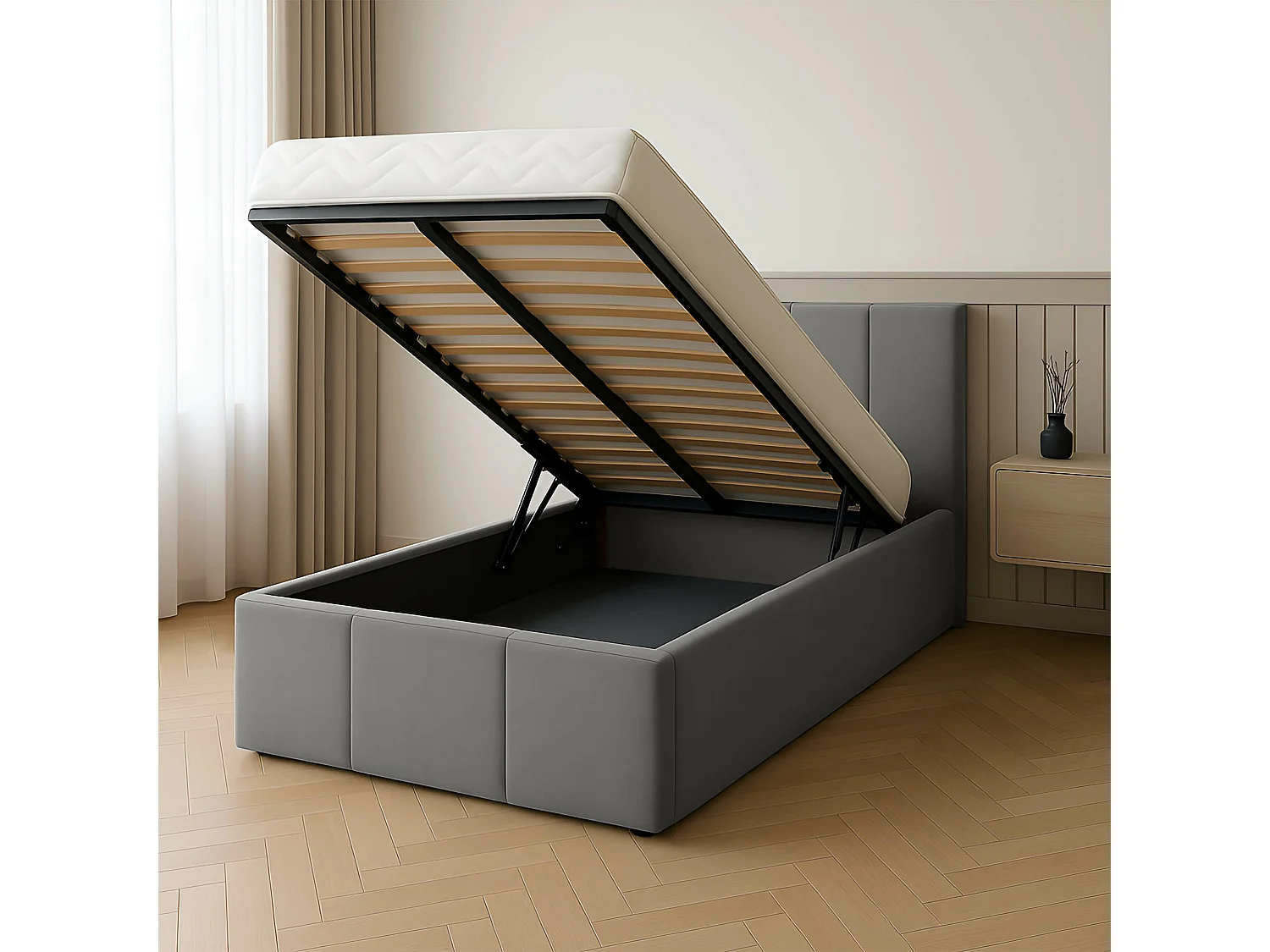 Muralo POLSTERBETT für Schlafzimmer Polsterbett mit Bettkasten und Gasdruckfeder Bett mit Polsterkopfteil Einzelbett 90x200 Bett mit Stauraum Grau
