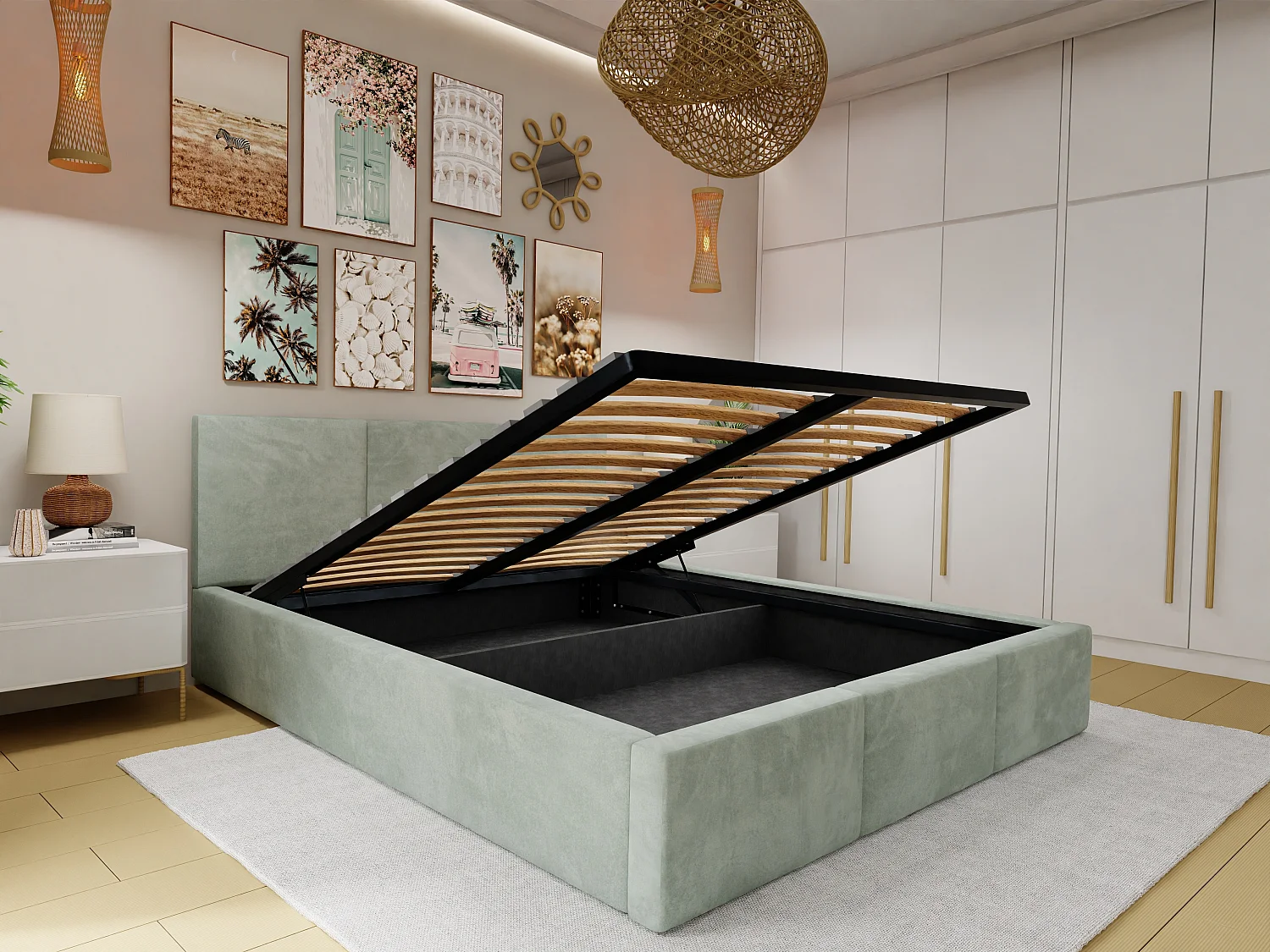 Bed Gestoffeerd 160cm x 200cm Dubbel Met Opbergruimte Muntgroen Voor De Slaapkamer