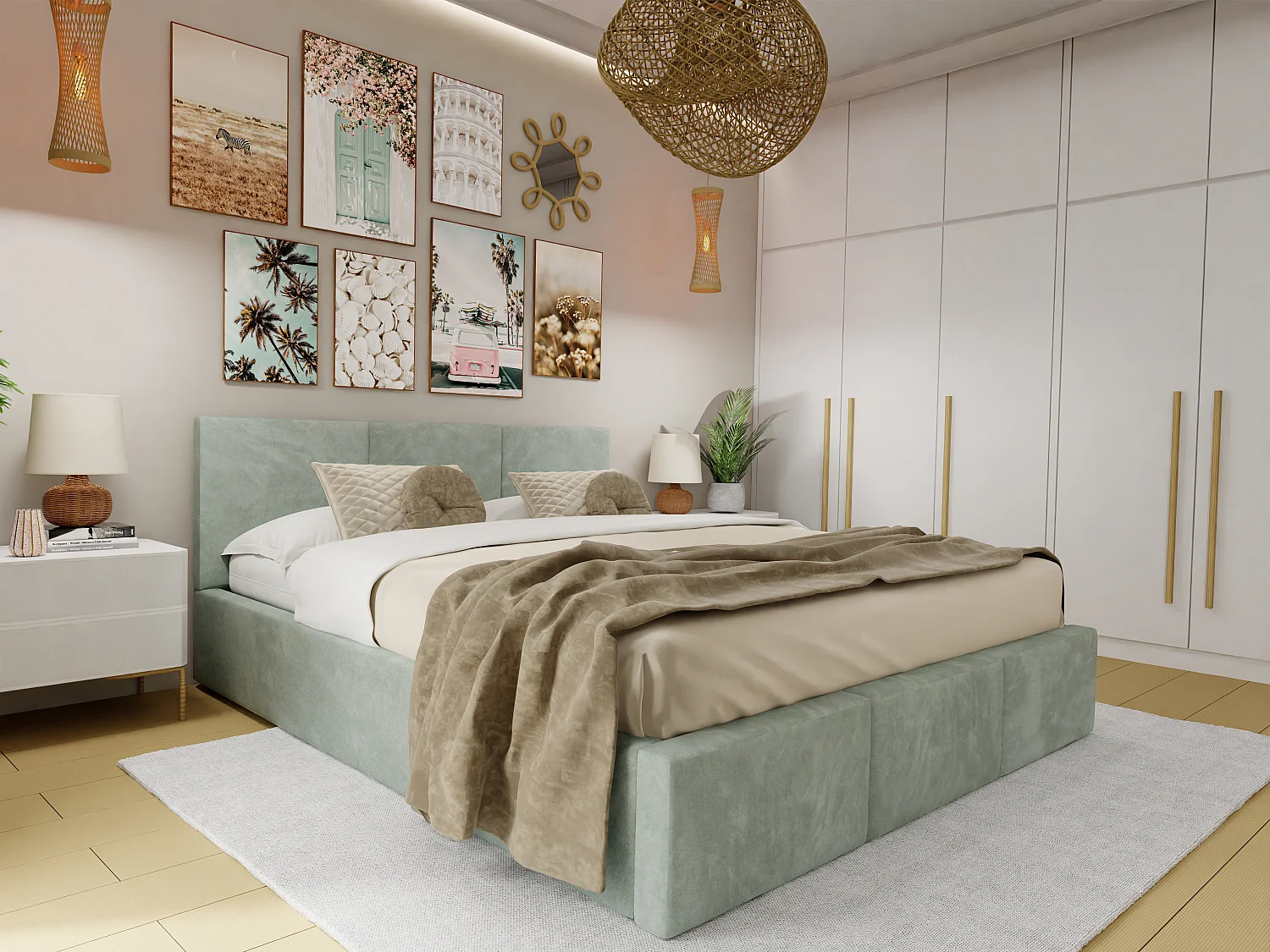 Bed Gestoffeerd 160cm x 200cm Dubbel Met Opbergruimte Muntgroen Voor De Slaapkamer