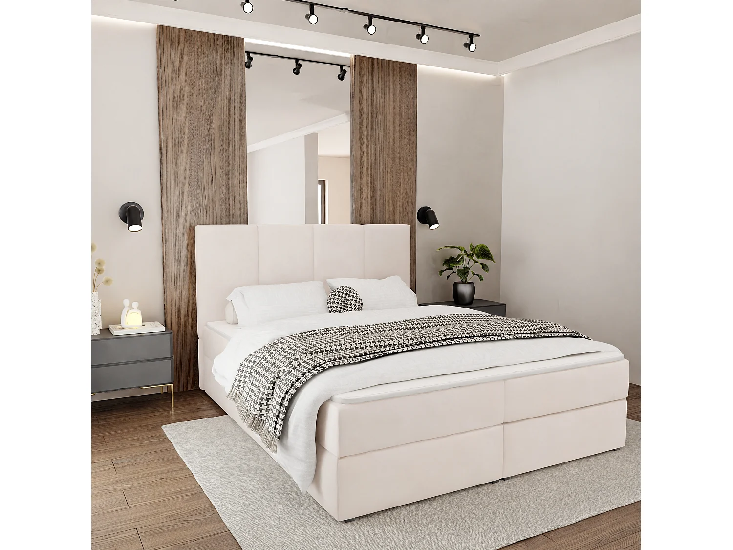 Muralo KONTINENTALBETT für Schlafzimmer Polsterbett mit zwei Bettkasten Bett mit Polsterkopfteil Doppelbett 160x200 Bett mit Stauraum Creme