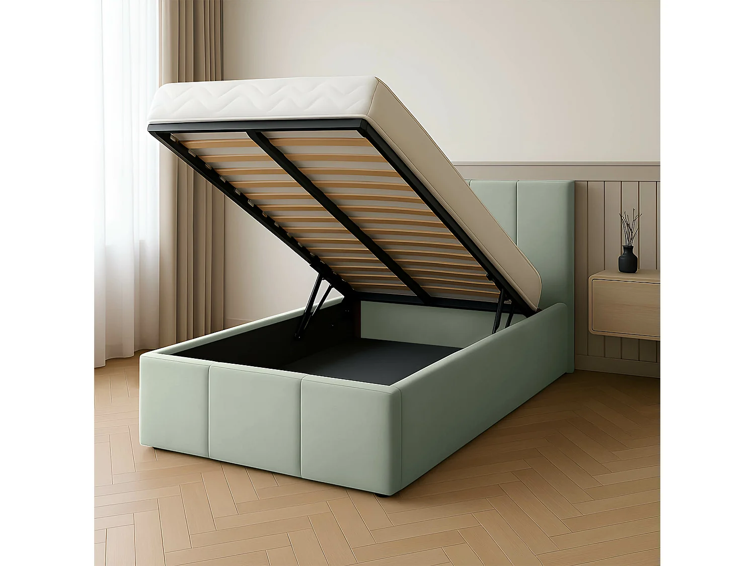 Bed Gestoffeerd 90cm x 200cm Enkel Met Opbergruimte Mintgroen