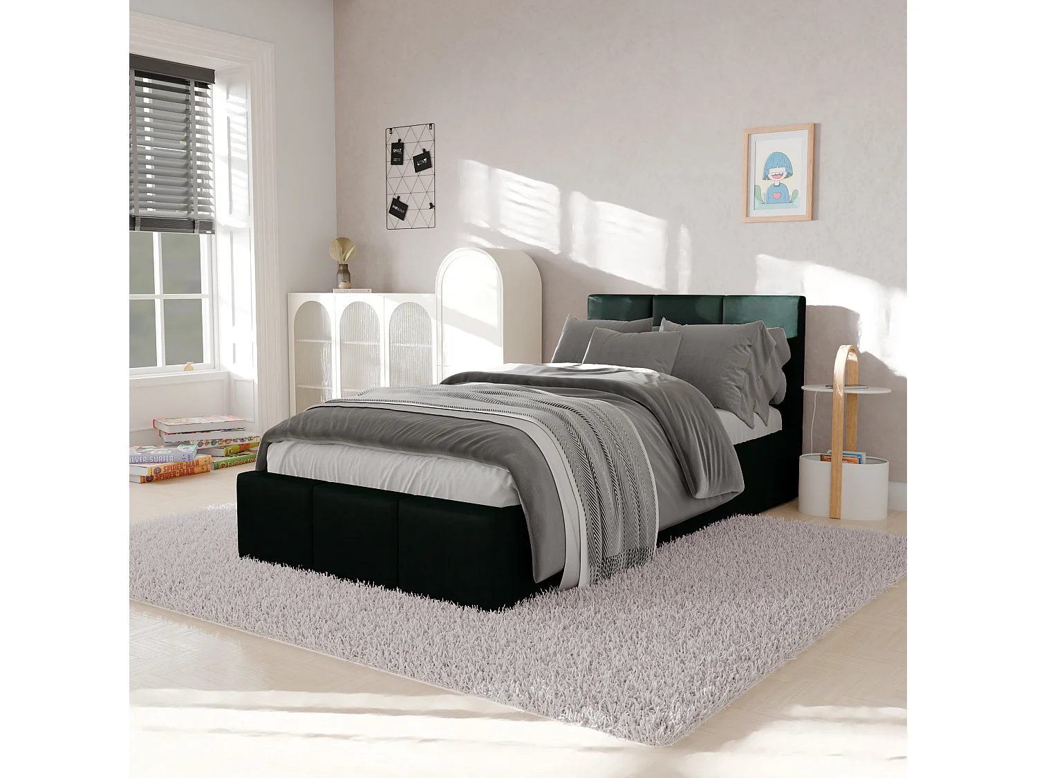 Bed Gestoffeerd 90cm x 200cm Enkel Met Opbergruimte Flessengroen