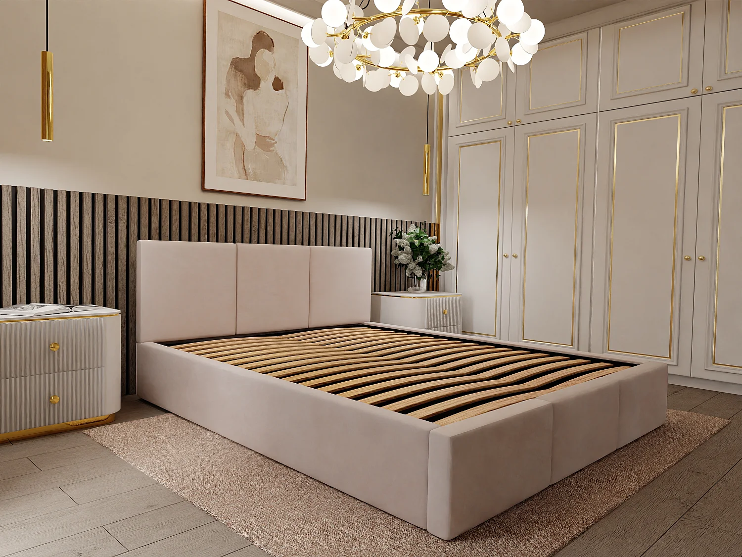 Bed Gestoffeerd 140cm x 200cm Dubbel Met Opbergruimte Crème Voor De Slaapkamer