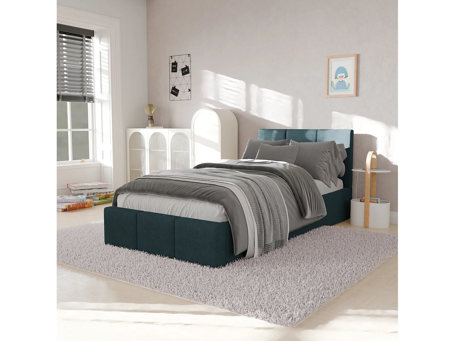 Bed Gestoffeerd 90cm x 200cm Enkel Met Opbergruimte Zeegroen