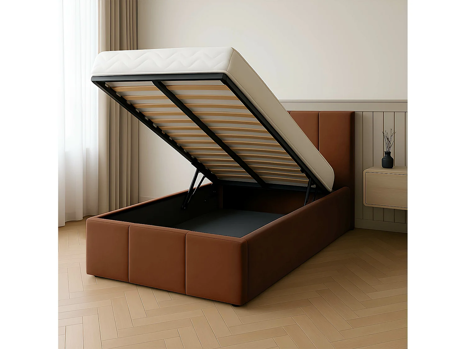 Muralo POLSTERBETT für Schlafzimmer Polsterbett mit Bettkasten und Gasdruckfeder Bett mit Polsterkopfteil Einzelbett 90x200 Bett mit Stauraum Honigfarbe