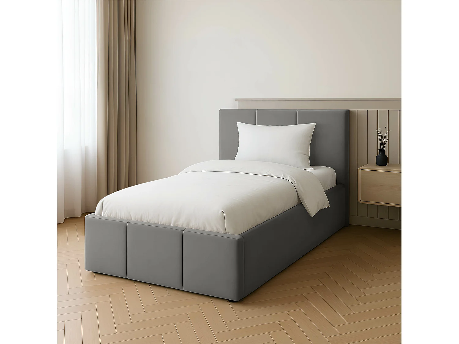 Muralo POLSTERBETT für Schlafzimmer Polsterbett mit Bettkasten und Gasdruckfeder Bett mit Polsterkopfteil Einzelbett 90x200 Bett mit Stauraum Grau