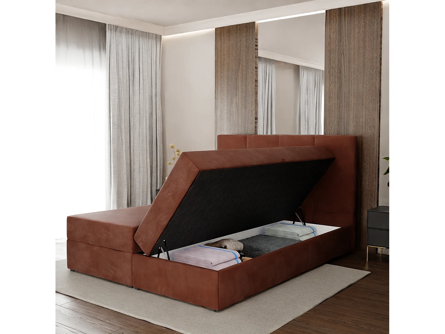 Muralo KONTINENTALBETT für Schlafzimmer Polsterbett mit zwei Bettkasten Bett mit Polsterkopfteil Doppelbett 160x200 Bett mit Stauraum Honigfarbe