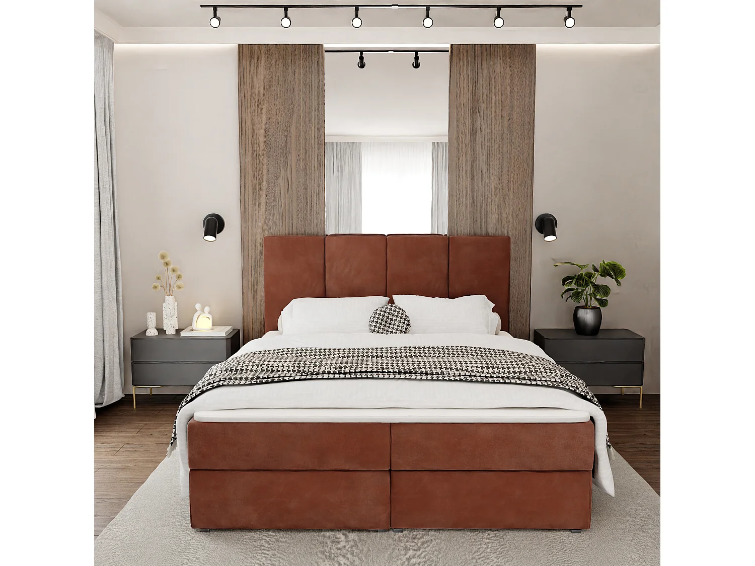 Muralo KONTINENTALBETT für Schlafzimmer Polsterbett mit zwei Bettkasten Bett mit Polsterkopfteil Doppelbett 160x200 Bett mit Stauraum Honigfarbe