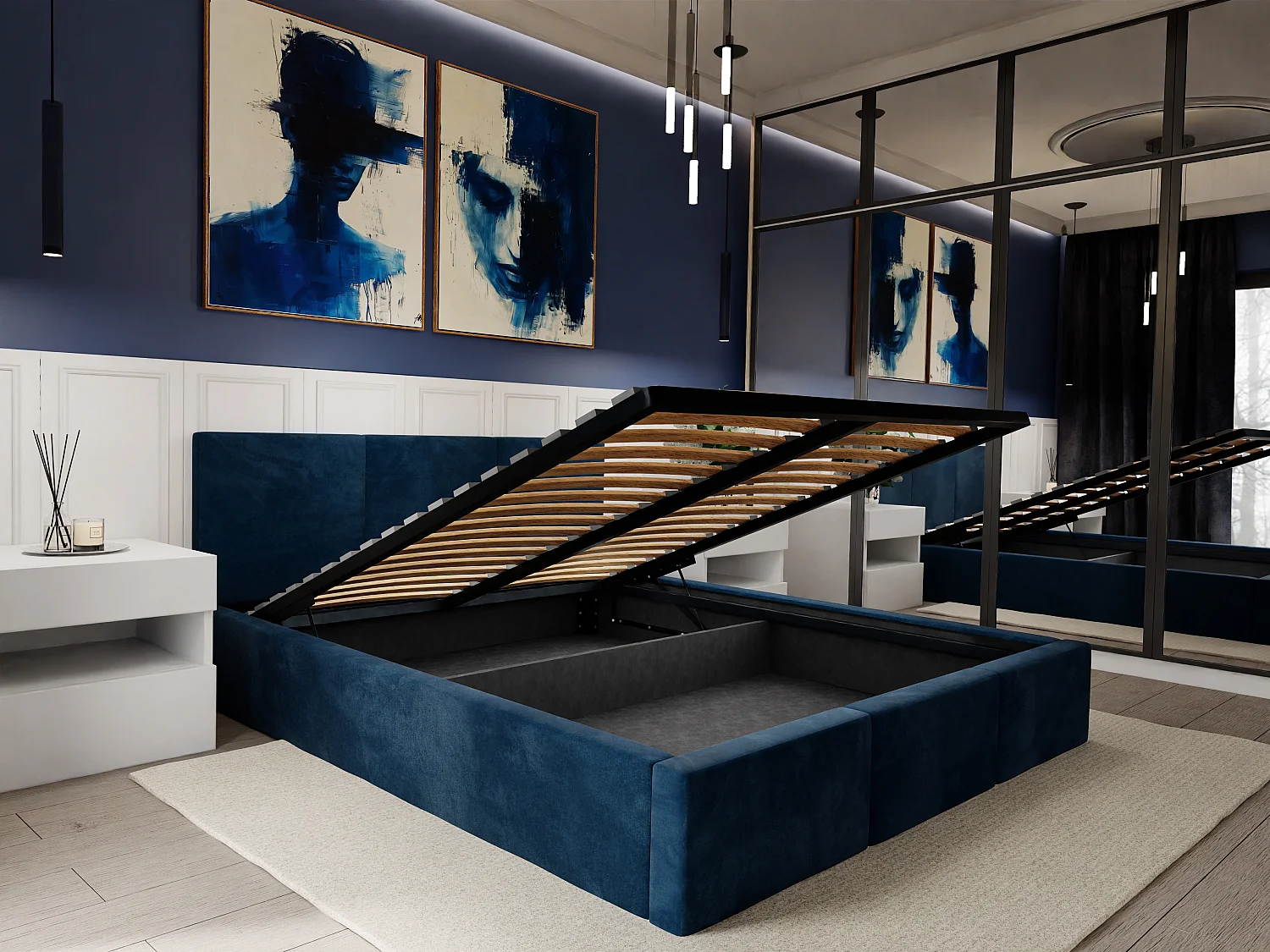 Bed Gestoffeerd Voor De Slaapkamer 140cm x 200cm Dubbel Met Opbergruimte In Donkerblauw