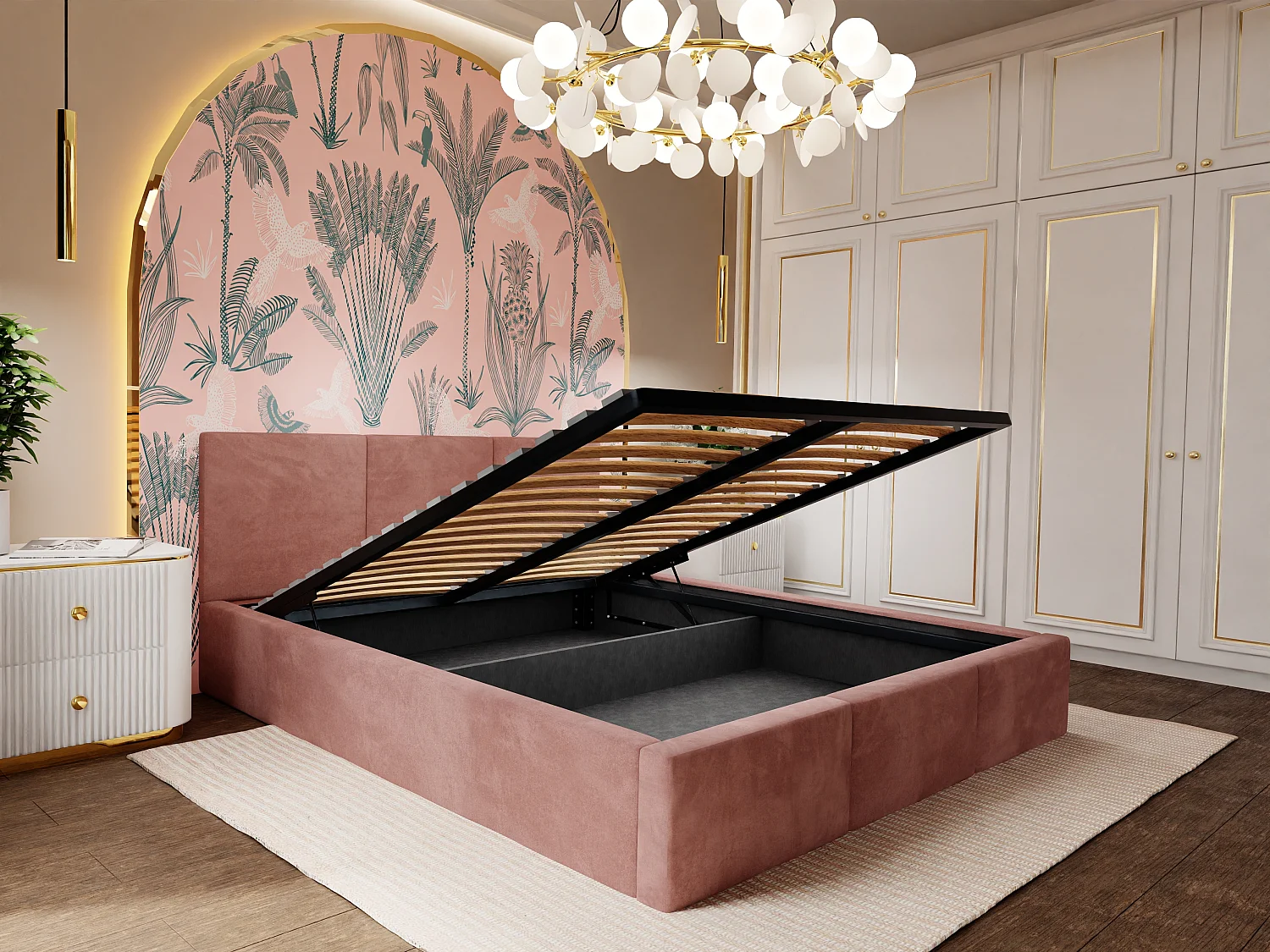 Muralo POLSTERBETT für Schlafzimmer Polsterbett mit Bettkasten und Gasdruckfeder Bett mit Polsterkopfteil Bett 120x200 Bett mit Stauraum Altrosa