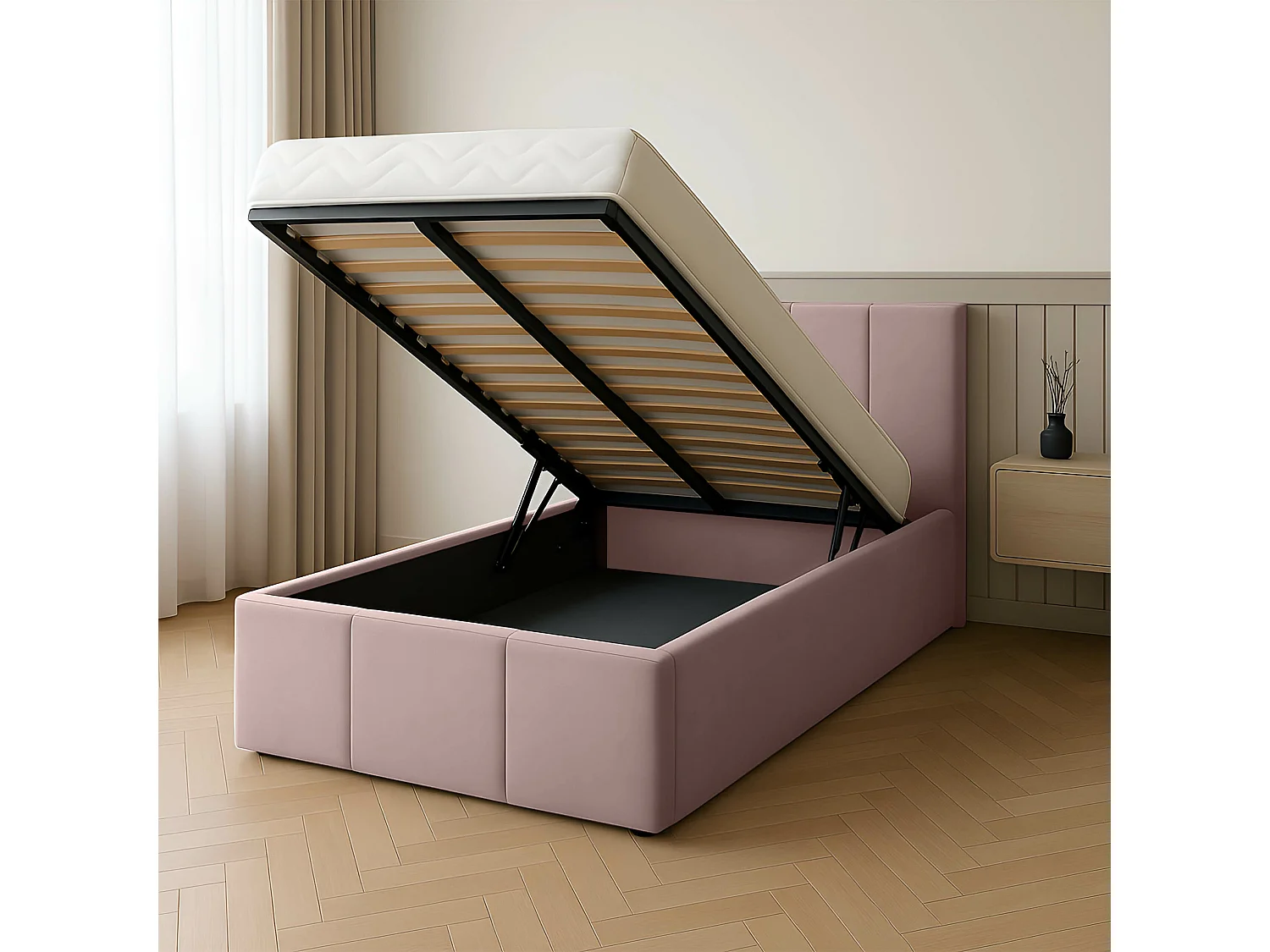 Muralo POLSTERBETT für Schlafzimmer Polsterbett mit Bettkasten und Gasdruckfeder Bett mit Polsterkopfteil Einzelbett 90x200 Bett mit Stauraum Rosa