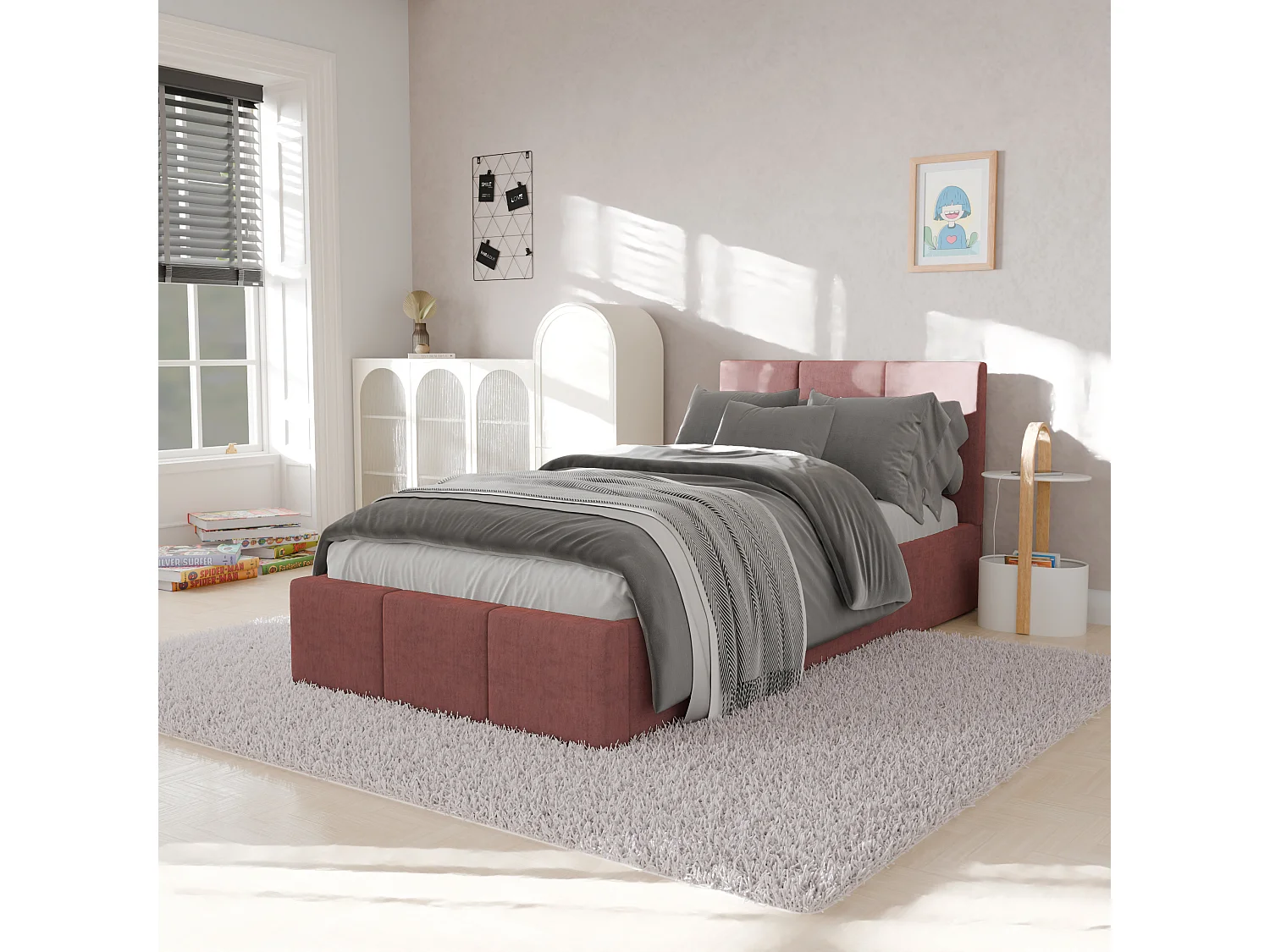 Muralo POLSTERBETT für Schlafzimmer Polsterbett mit Bettkasten und Gasdruckfeder Bett mit Polsterkopfteil Einzelbett 90x200 Bett mit Stauraum Rosa