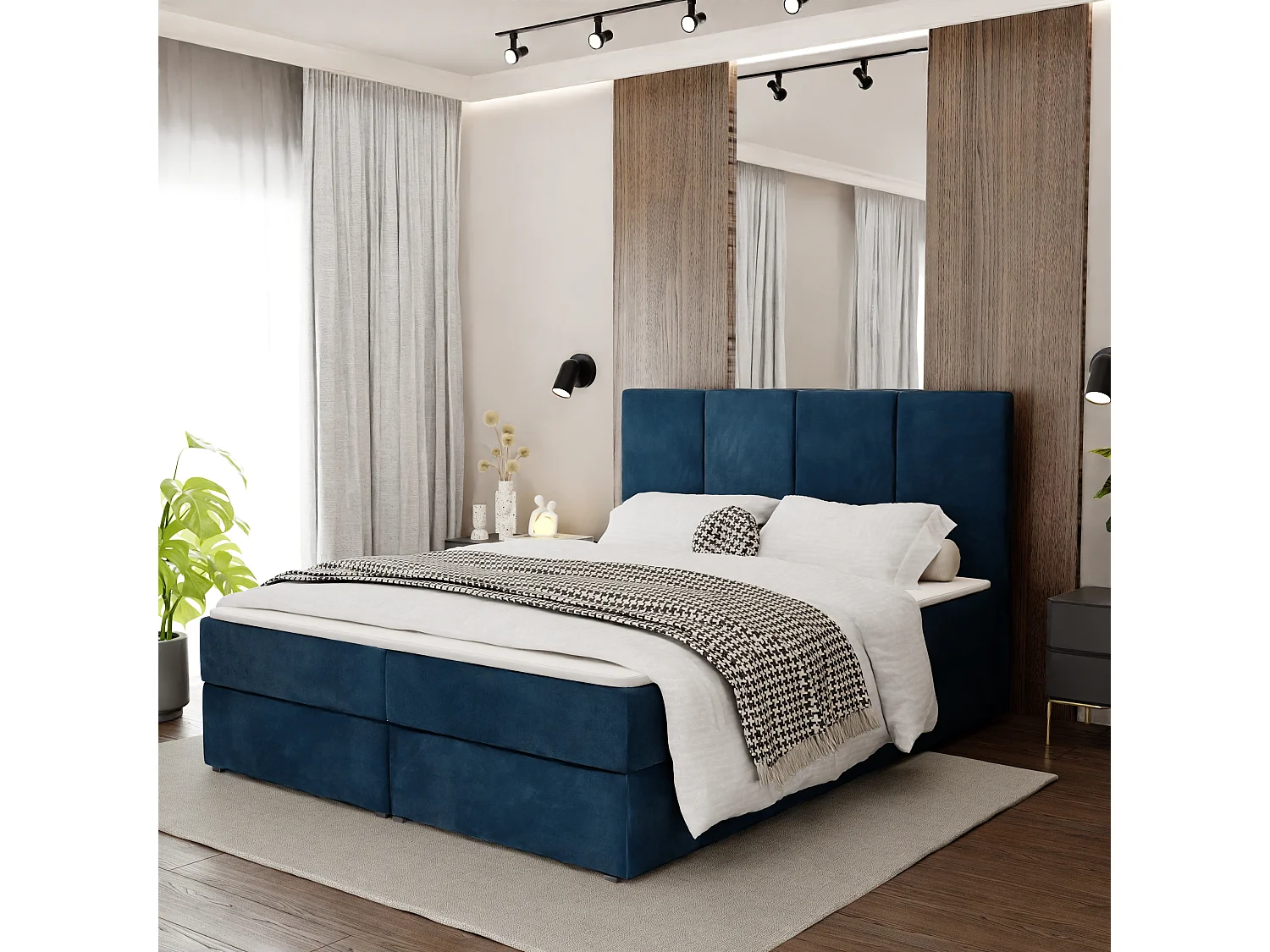 Bed Continentaal 180x200 cm Gestoffeerd Dubbel Met Matras Marineblauw Velours Magic Velvet
