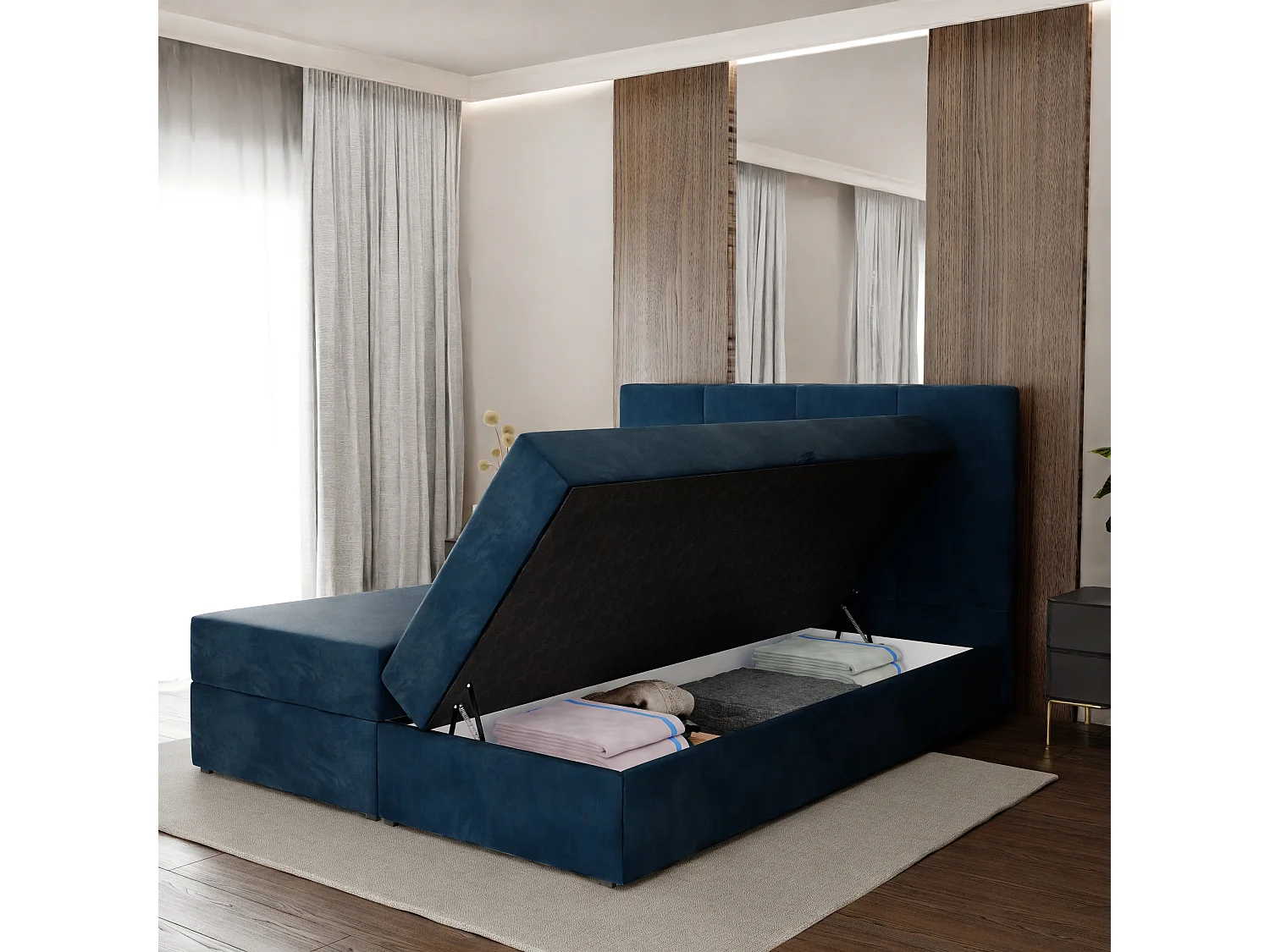 Bed Continentaal 180x200 cm Gestoffeerd Dubbel Met Matras Marineblauw Velours Magic Velvet