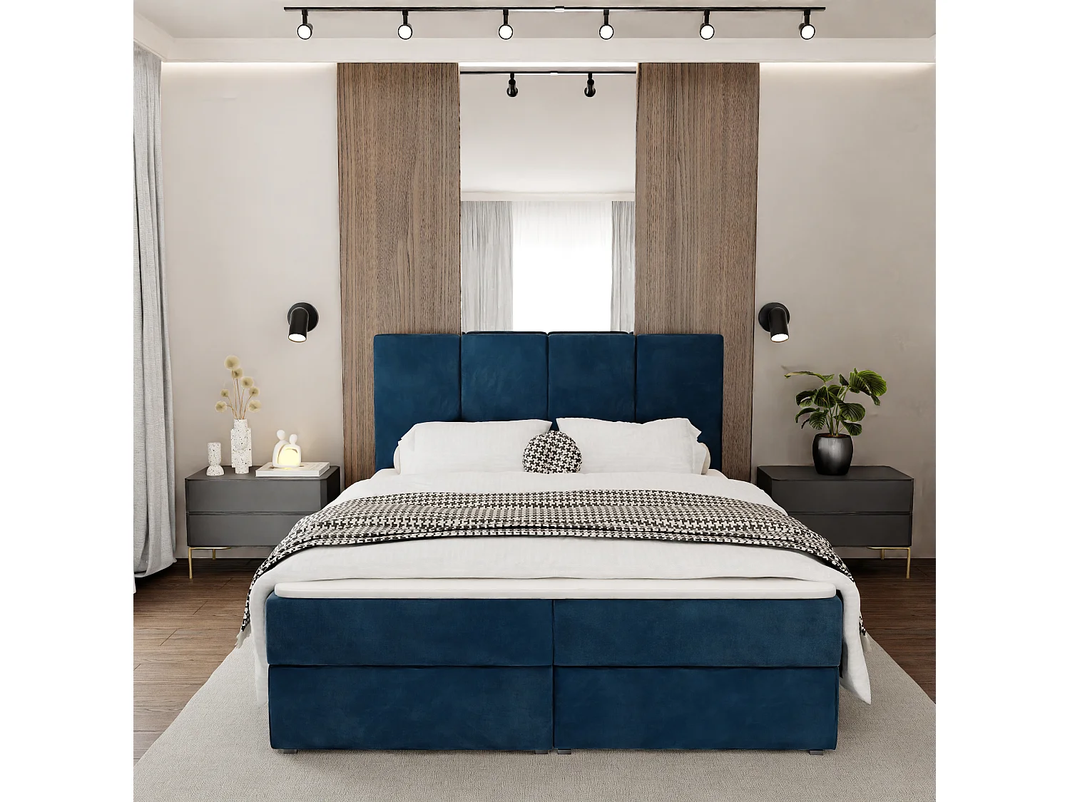 Bed Continentaal 180x200 cm Gestoffeerd Dubbel Met Matras Marineblauw Velours Magic Velvet