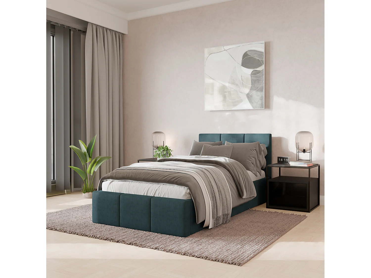 Bed Gestoffeerd 90cm x 200cm Enkel Met Opbergruimte Zeegroen