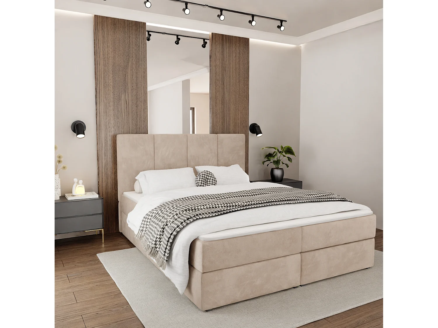 Muralo KONTINENTALBETT für Schlafzimmer Polsterbett mit zwei Bettkasten Bett mit Polsterkopfteil Doppelbett 160x200 Bett mit Stauraum Beige