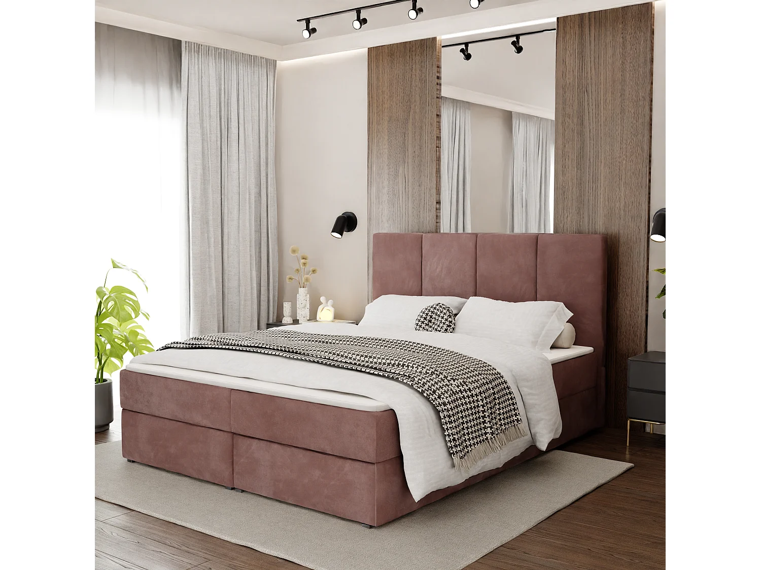Muralo KONTINENTALBETT für Schlafzimmer Polsterbett mit zwei Bettkasten Bett mit Polsterkopfteil Doppelbett 180x200 Bett mit Stauraum Altrosa