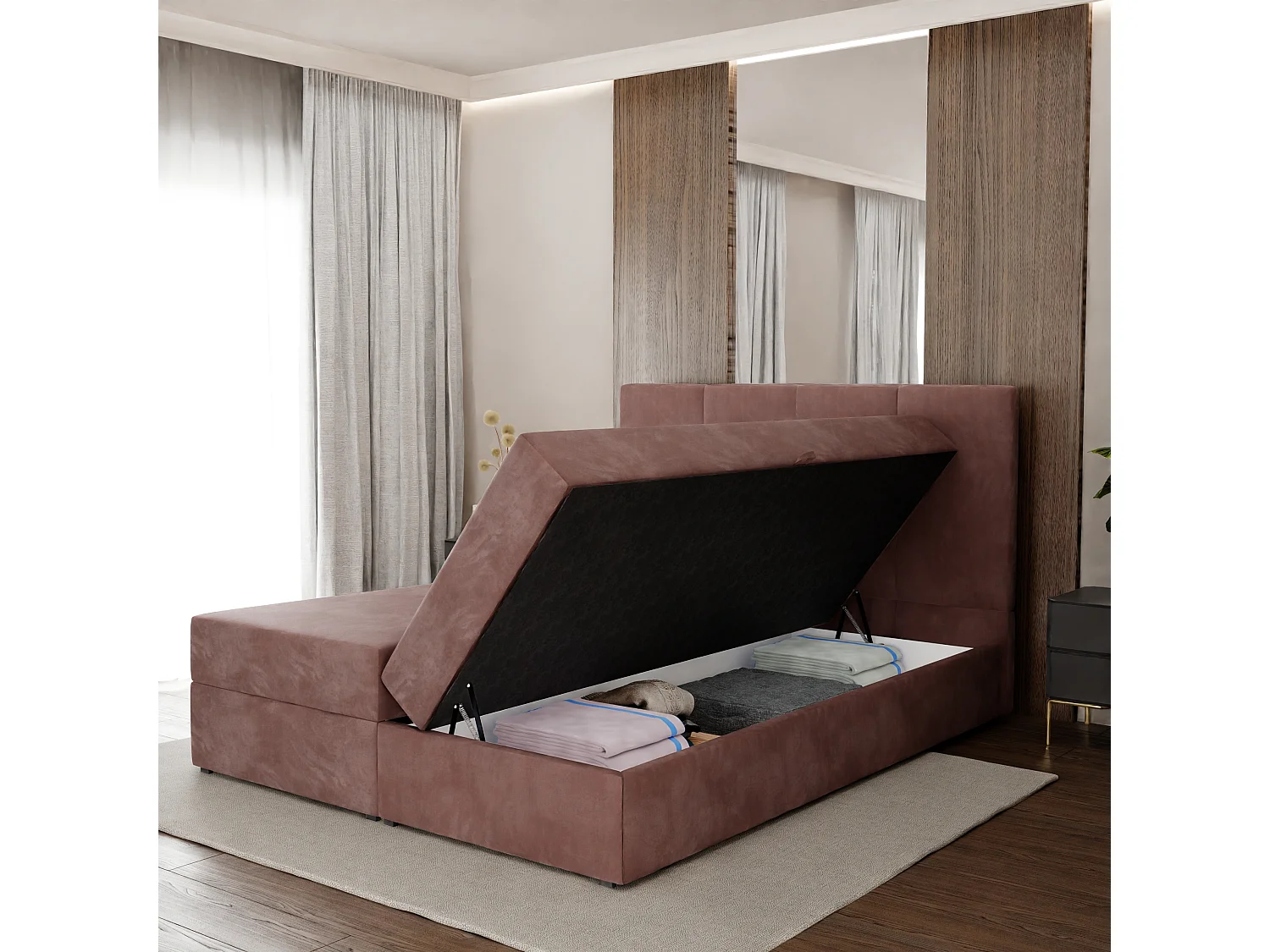 Muralo KONTINENTALBETT für Schlafzimmer Polsterbett mit zwei Bettkasten Bett mit Polsterkopfteil Doppelbett 180x200 Bett mit Stauraum Altrosa