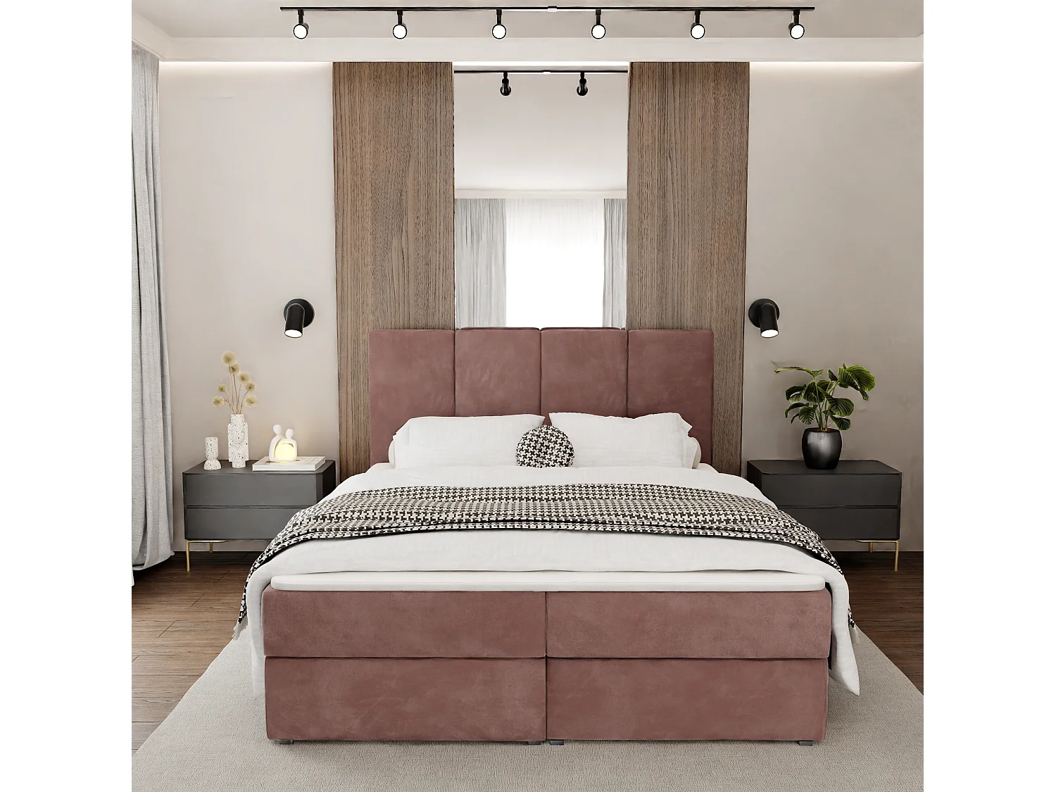 Muralo KONTINENTALBETT für Schlafzimmer Polsterbett mit zwei Bettkasten Bett mit Polsterkopfteil Doppelbett 180x200 Bett mit Stauraum Altrosa