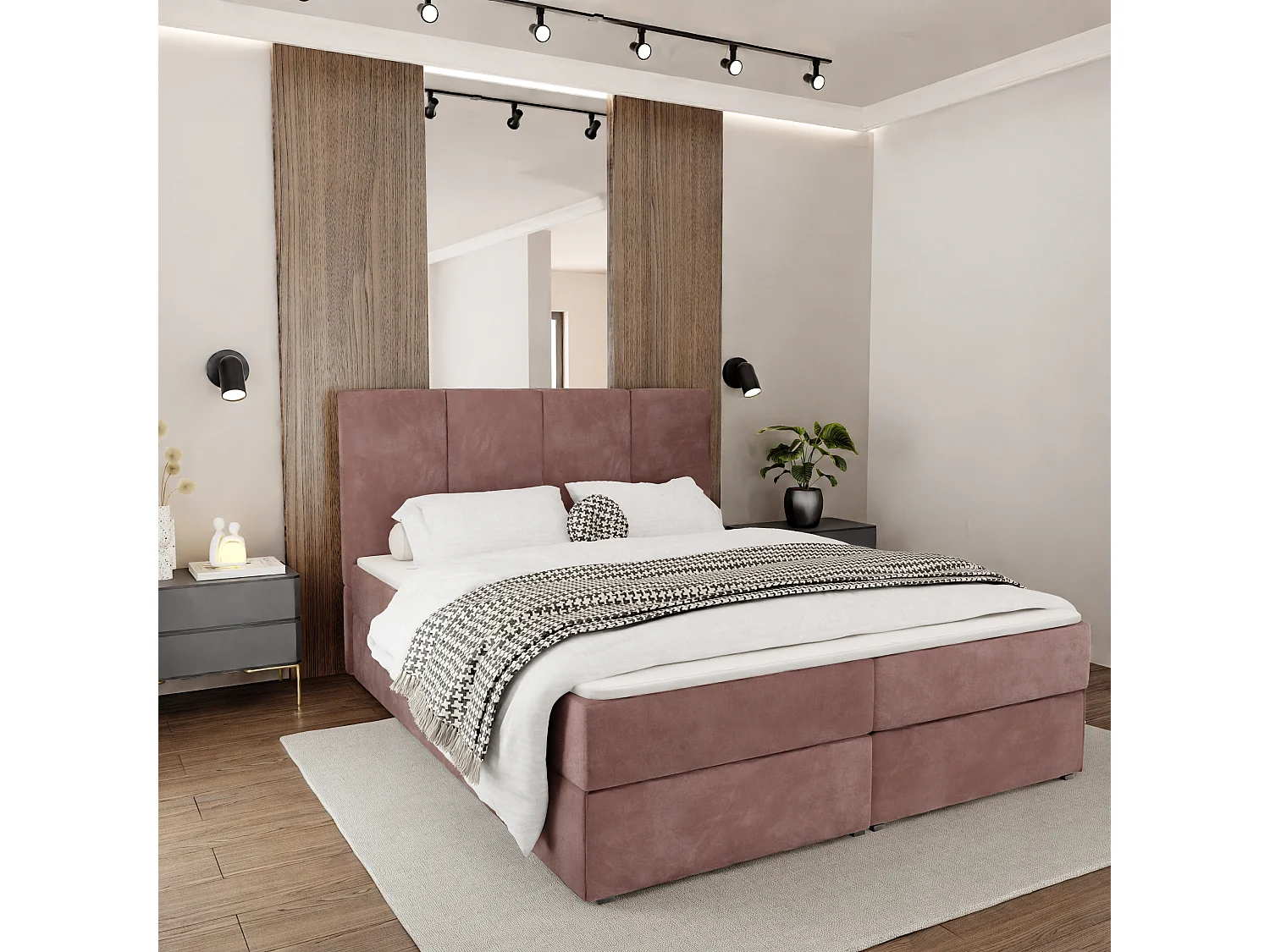 Muralo KONTINENTALBETT für Schlafzimmer Polsterbett mit zwei Bettkasten Bett mit Polsterkopfteil Doppelbett 180x200 Bett mit Stauraum Altrosa