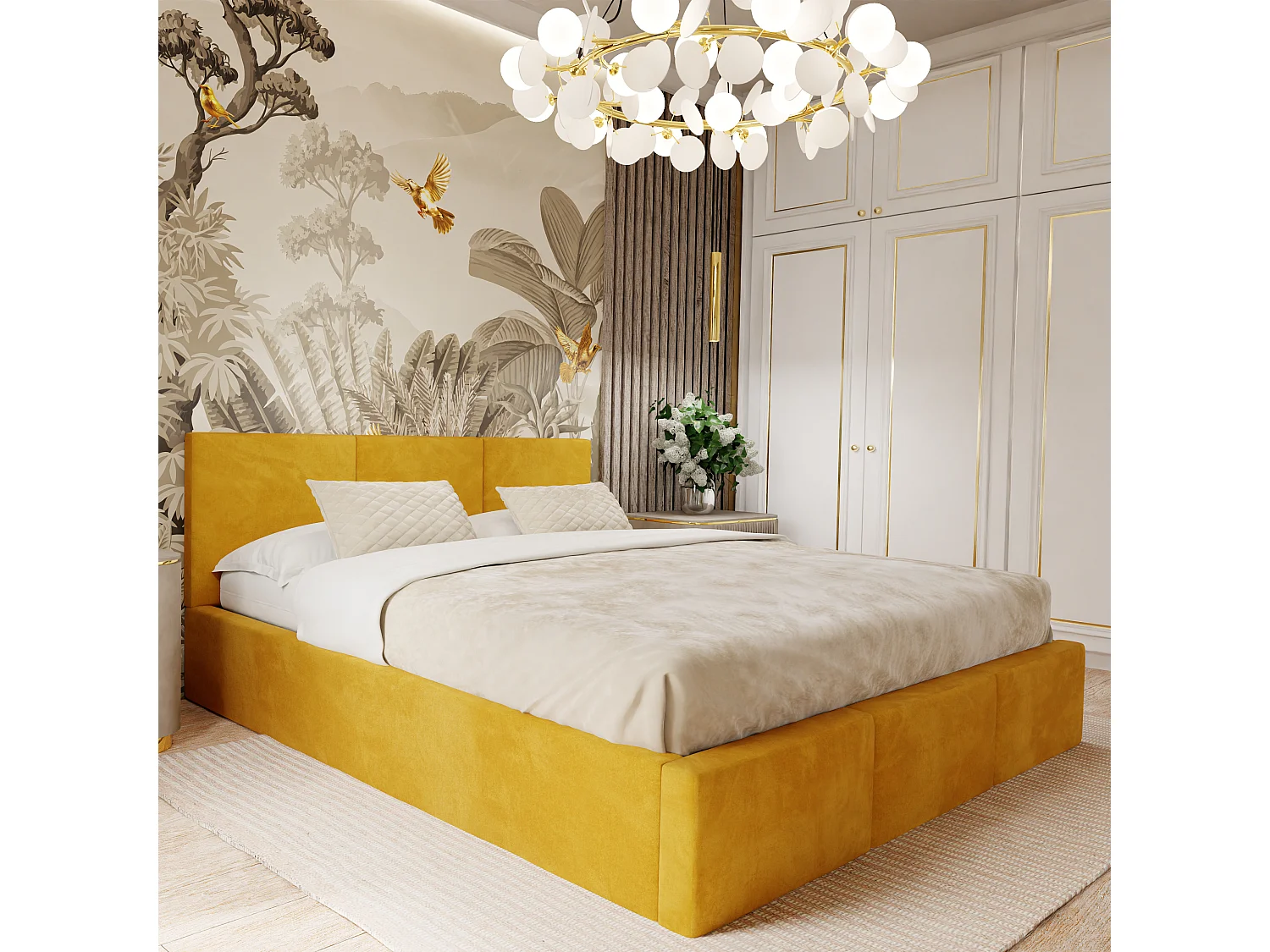 Muralo POLSTERBETT für Schlafzimmer Polsterbett mit Bettkasten und Gasdruckfeder Bett mit Polsterkopfteil Doppelbett 160x200 Bett mit Stauraum Gelb