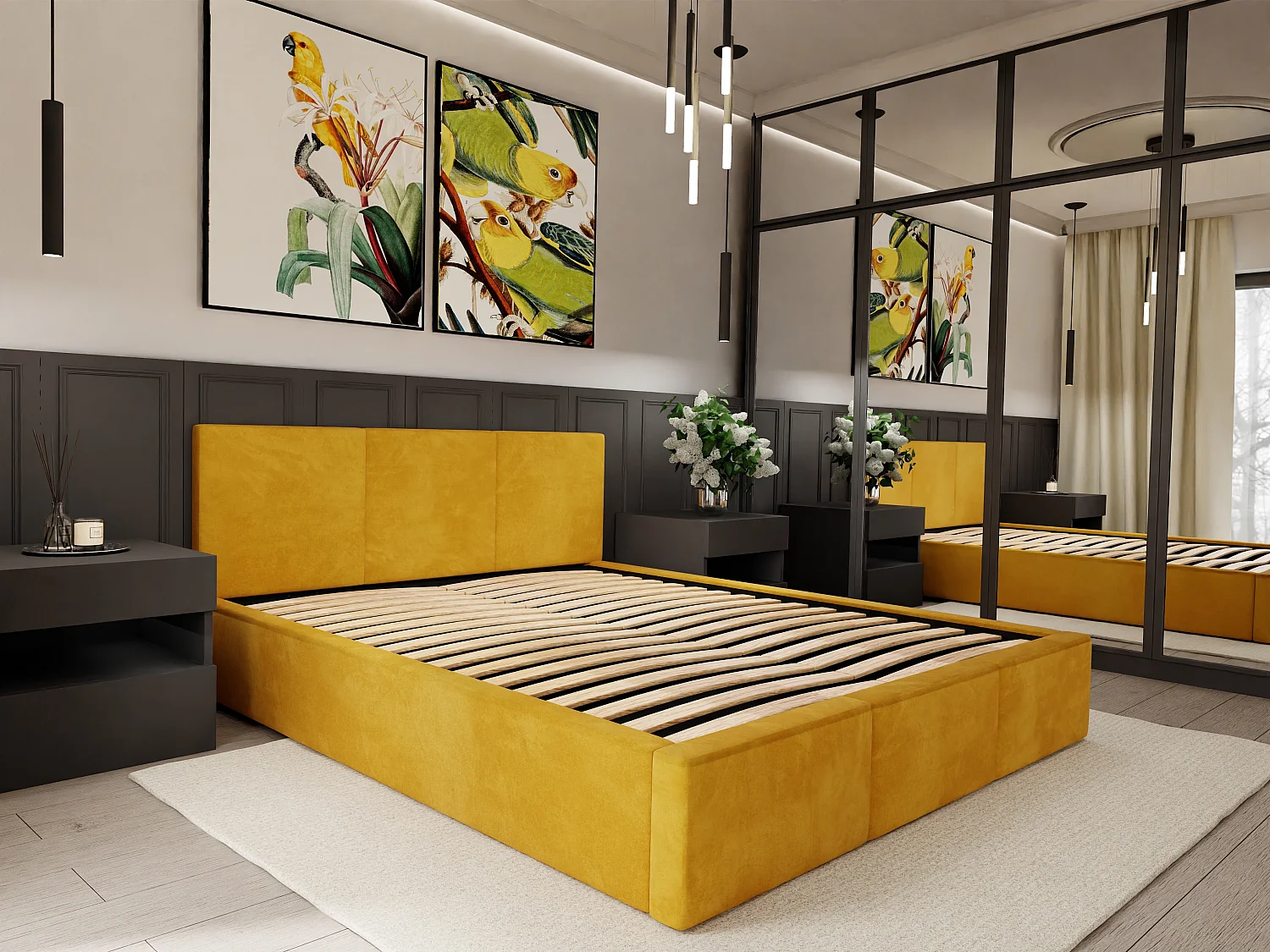 Muralo POLSTERBETT für Schlafzimmer Polsterbett mit Bettkasten und Gasdruckfeder Bett mit Polsterkopfteil Doppelbett 160x200 Bett mit Stauraum Gelb