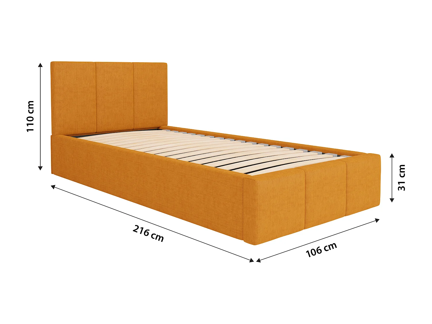 Muralo POLSTERBETT für Schlafzimmer Polsterbett mit Bettkasten und Gasdruckfeder Bett mit Polsterkopfteil Einzelbett 90x200 Bett mit Stauraum Gelb