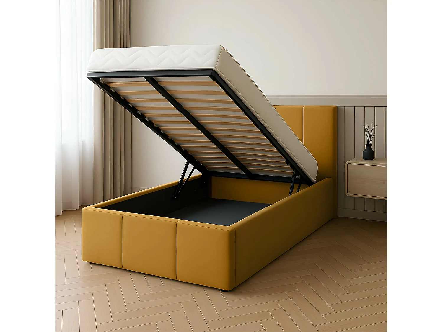Muralo POLSTERBETT für Schlafzimmer Polsterbett mit Bettkasten und Gasdruckfeder Bett mit Polsterkopfteil Einzelbett 90x200 Bett mit Stauraum Gelb