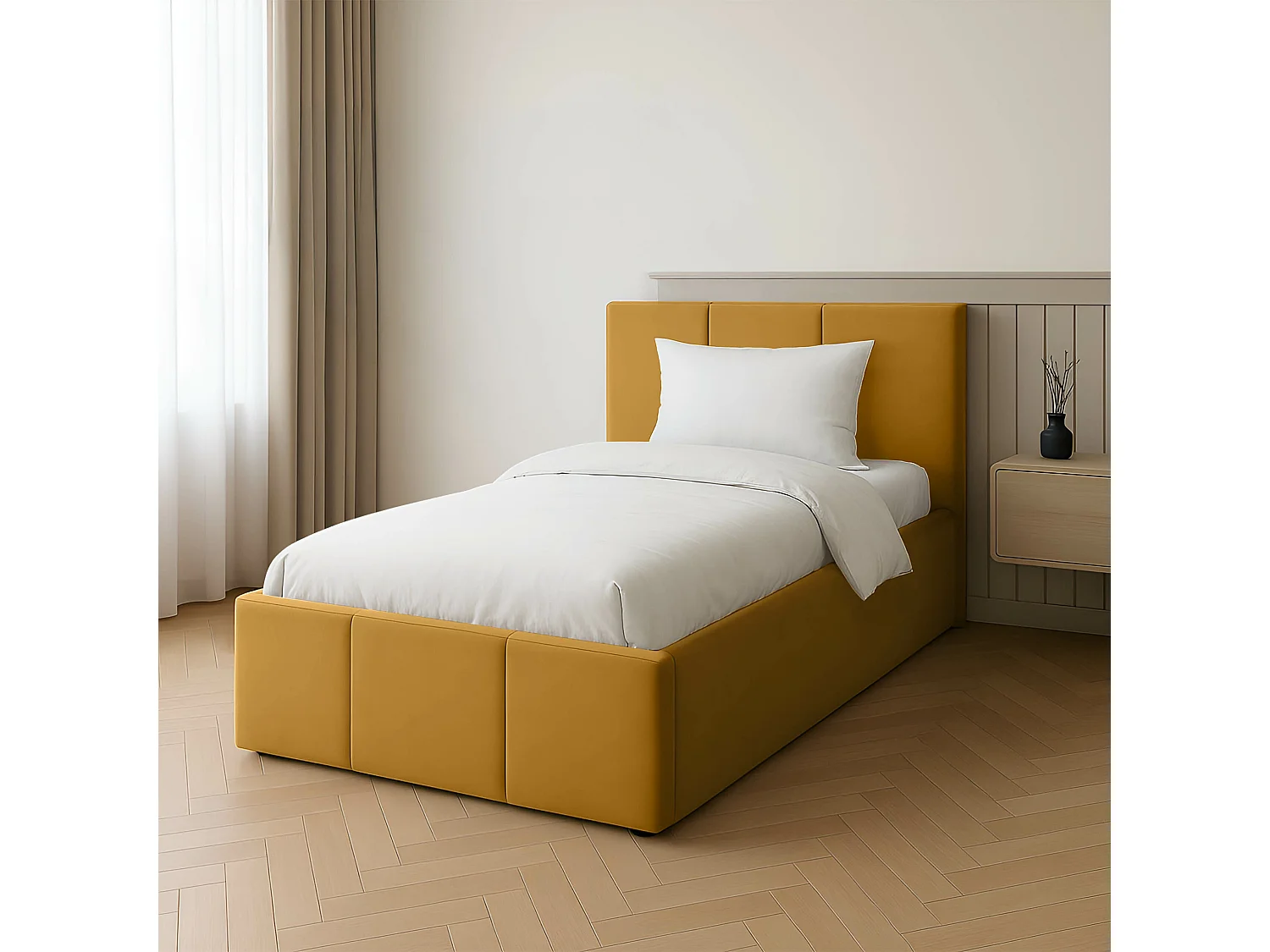 Muralo POLSTERBETT für Schlafzimmer Polsterbett mit Bettkasten und Gasdruckfeder Bett mit Polsterkopfteil Einzelbett 90x200 Bett mit Stauraum Gelb