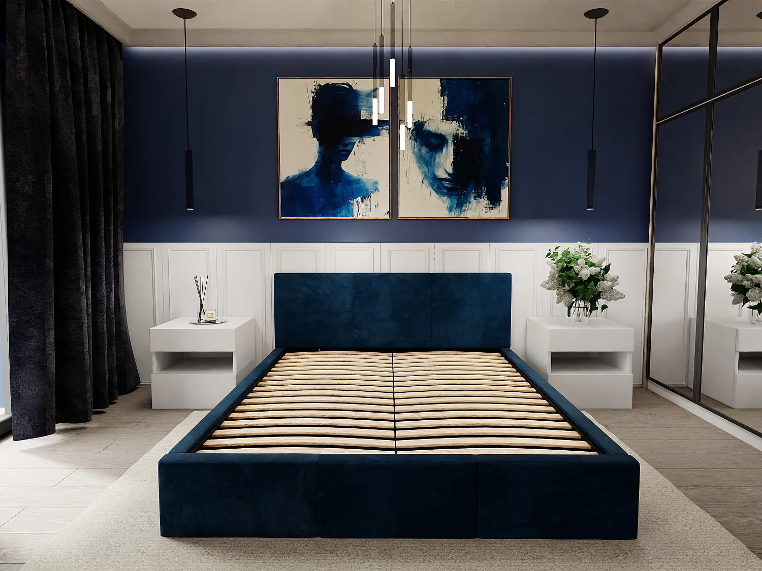 Bed Gestoffeerd Voor De Slaapkamer 140cm x 200cm Dubbel Met Opbergruimte In Donkerblauw
