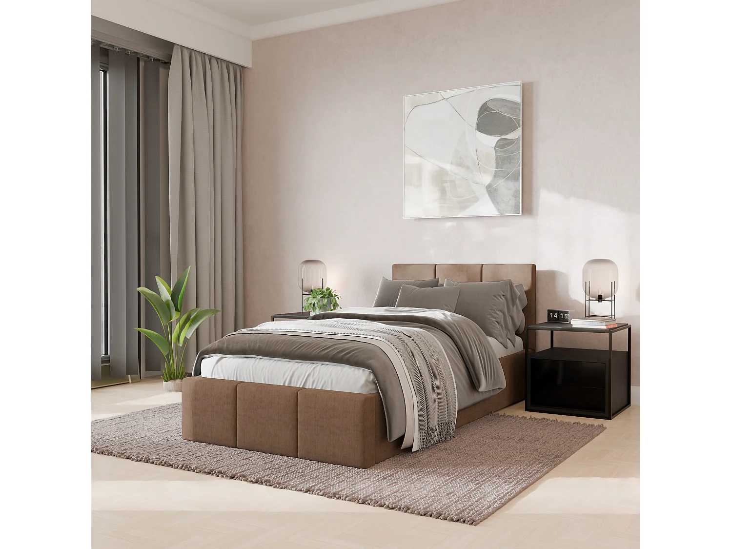 Bed Gestoffeerd 90cm x 200cm Enkel Met Opbergruimte Beige