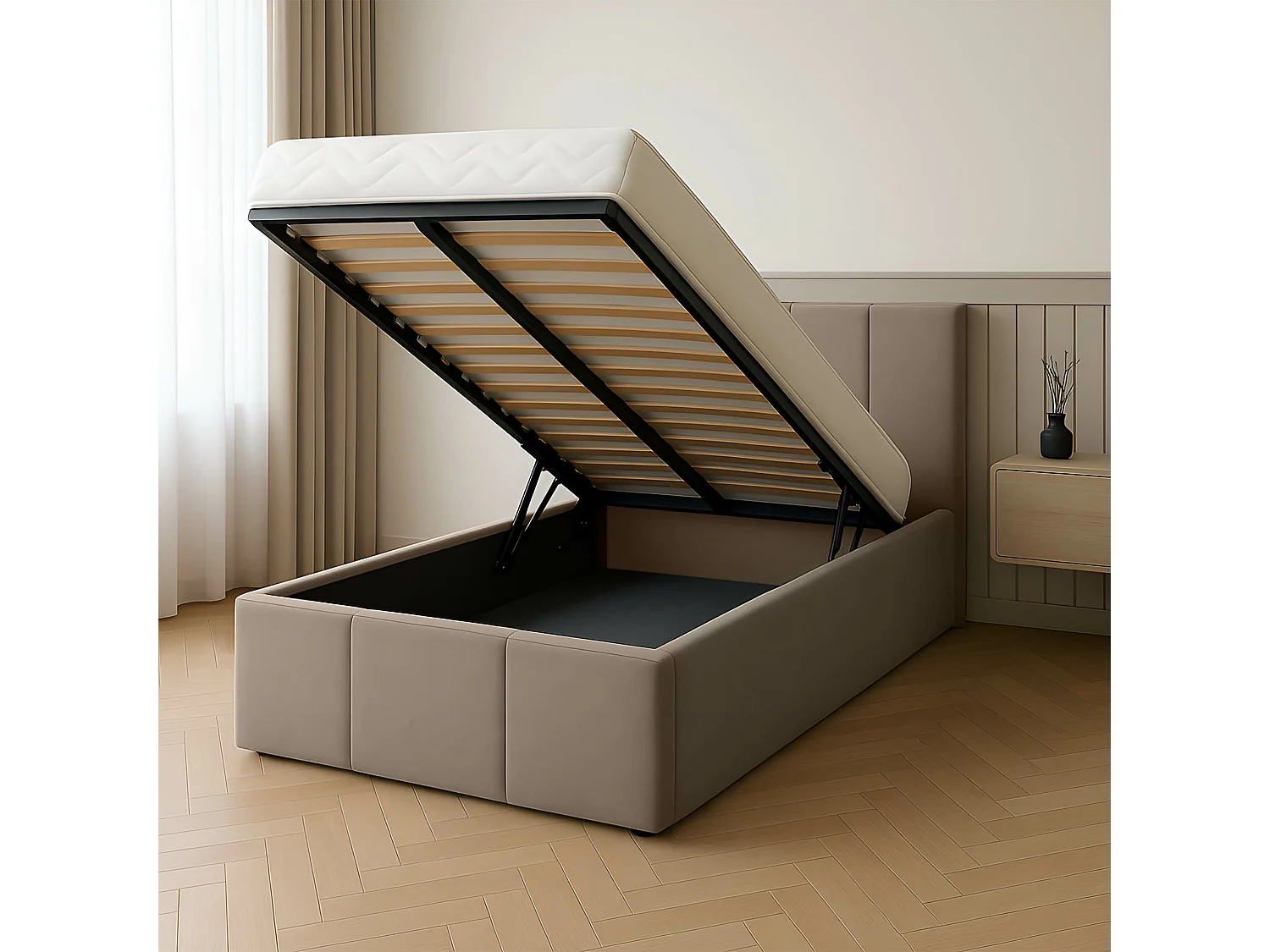 Bed Gestoffeerd 90cm x 200cm Enkel Met Opbergruimte Beige