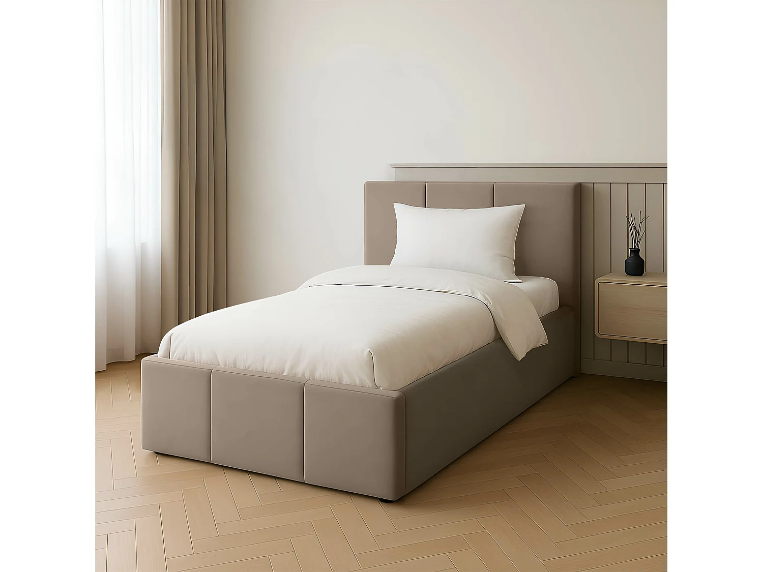 Bed Gestoffeerd 90cm x 200cm Enkel Met Opbergruimte Beige