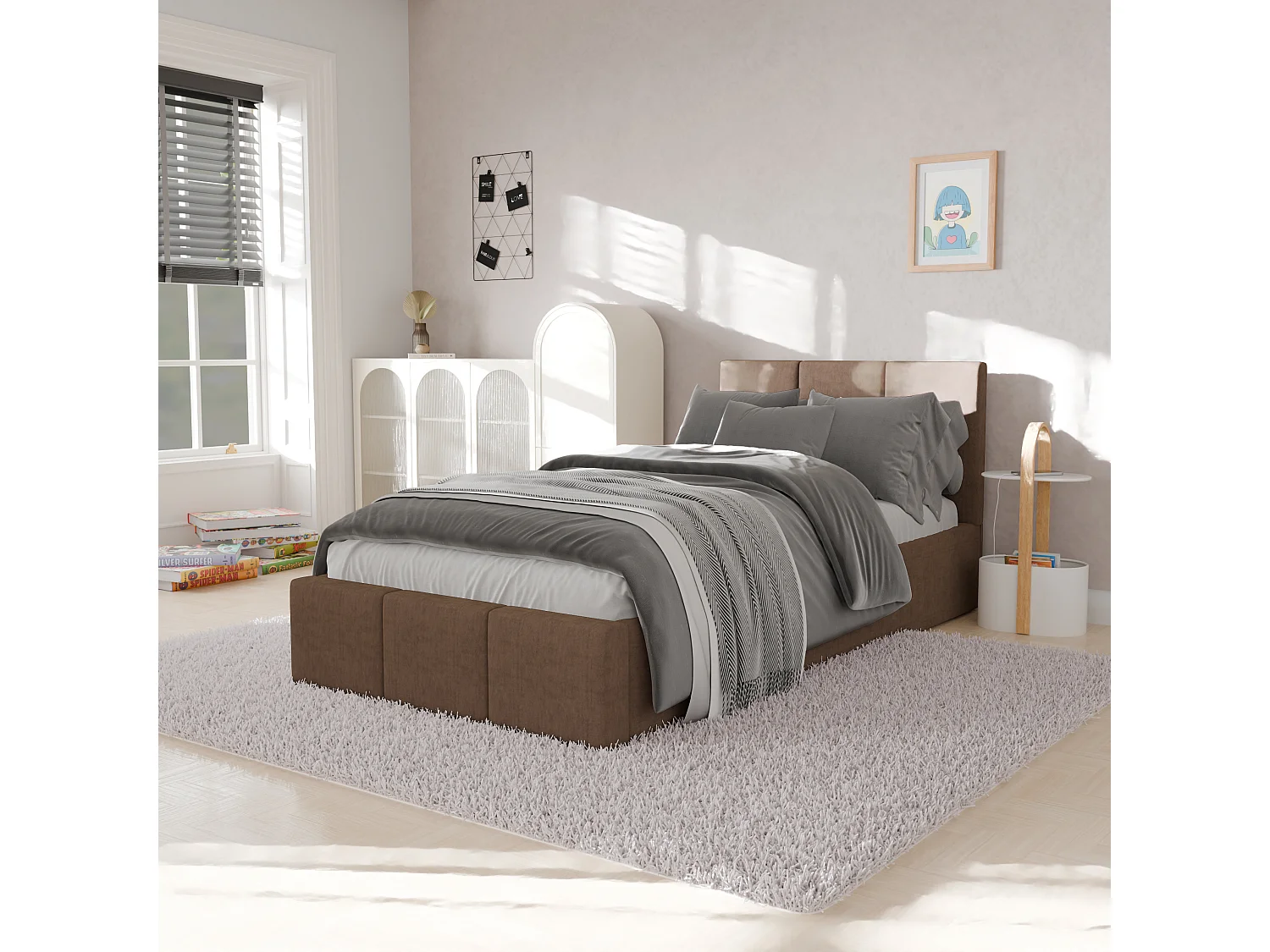Bed Gestoffeerd 90cm x 200cm Enkel Met Opbergruimte Beige
