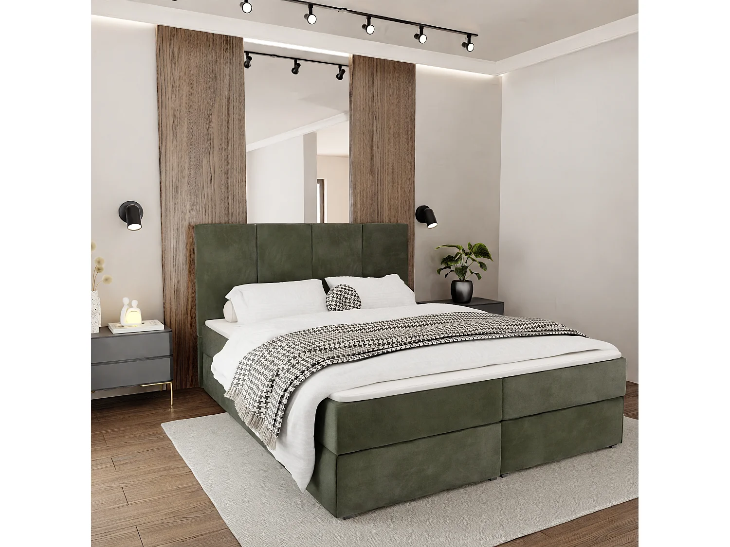 Bed Continentaal 140x200 cm Gestoffeerd Dubbel Met Matras Khaki Velours Magic Velvet