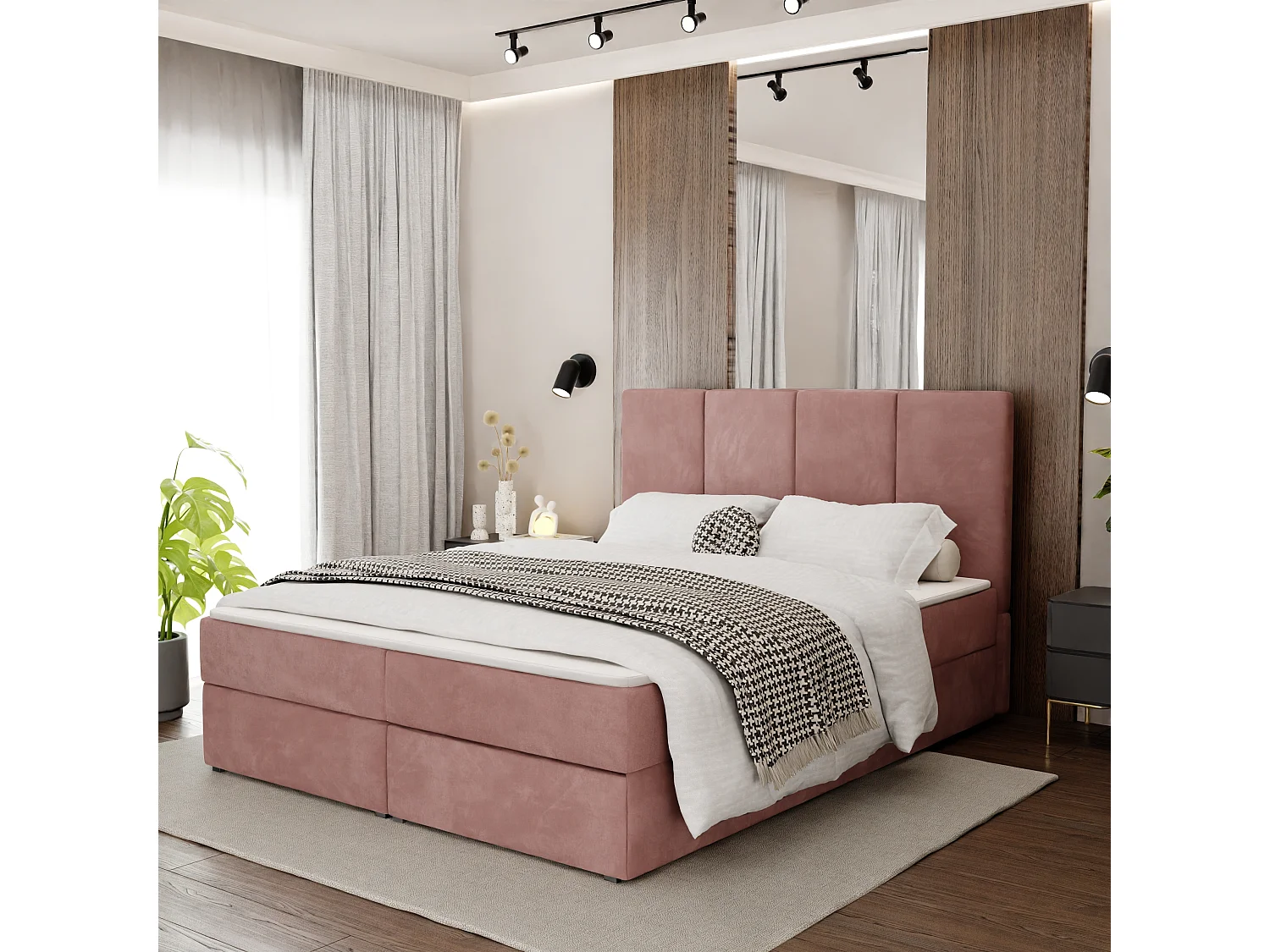 Muralo KONTINENTALBETT für Schlafzimmer Polsterbett mit zwei Bettkasten Bett mit Polsterkopfteil Doppelbett 180x200 Bett mit Stauraum Rosa