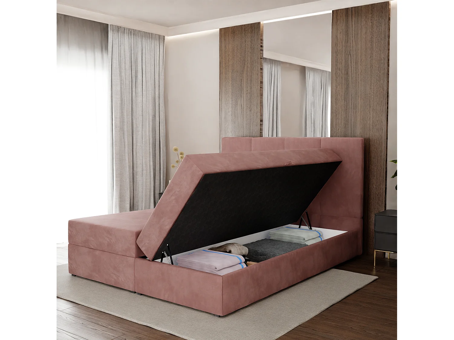 Muralo KONTINENTALBETT für Schlafzimmer Polsterbett mit zwei Bettkasten Bett mit Polsterkopfteil Doppelbett 180x200 Bett mit Stauraum Rosa