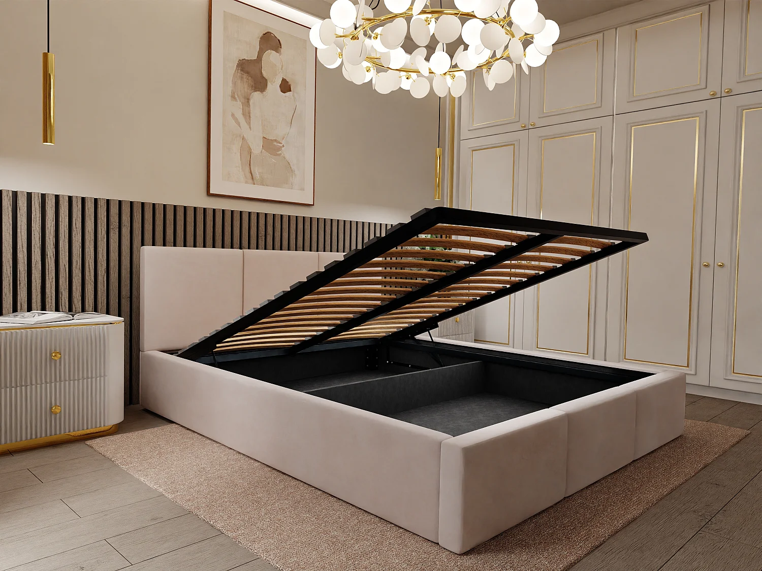 Muralo POLSTERBETT für Schlafzimmer Stoffbett Bett mit Container Doppelbett Modernes Design Creme 160cmx200cm