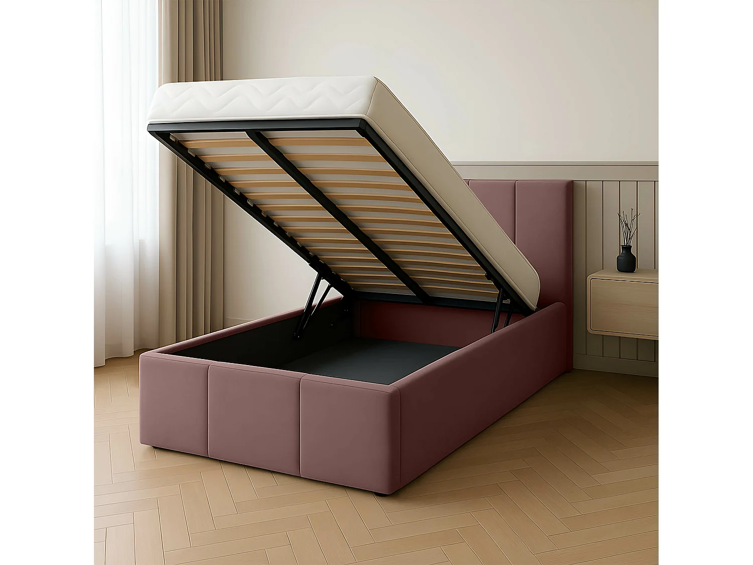 Muralo POLSTERBETT für Schlafzimmer Polsterbett mit Bettkasten und Gasdruckfeder Bett mit Polsterkopfteil Einzelbett 90x200 Bett mit Stauraum Altrosa