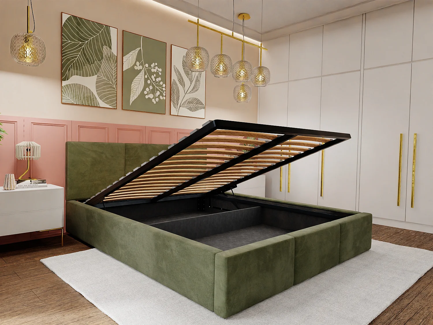 Bed Gestoffeerd Voor De Slaapkamer 160cm x 200cm Dubbel Met Opbergruimte In Khaki