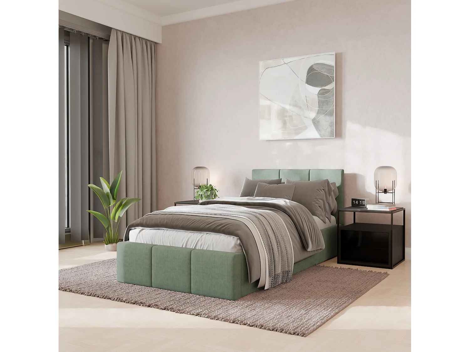 Bed Gestoffeerd 90cm x 200cm Enkel Met Opbergruimte Mintgroen