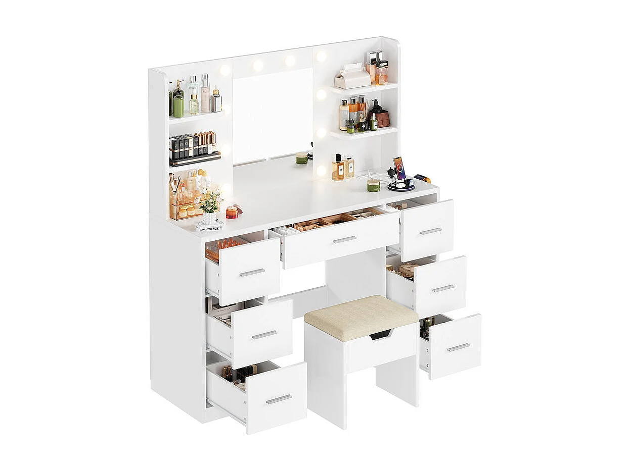 Coiffeuse avec miroir LED réglable et prise, bureau de maquillage moderne, 7 tiroirs et 4 étagères, avec tabouret, 110 x 40 x 140 cm