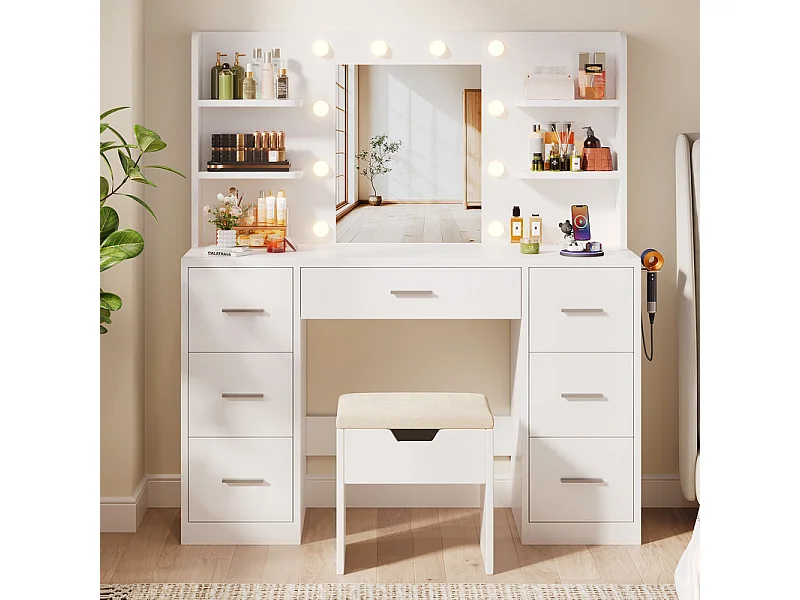 Coiffeuse avec miroir LED réglable et prise, bureau de maquillage moderne, 7 tiroirs et 4 étagères, avec tabouret, 110 x 40 x 140 cm