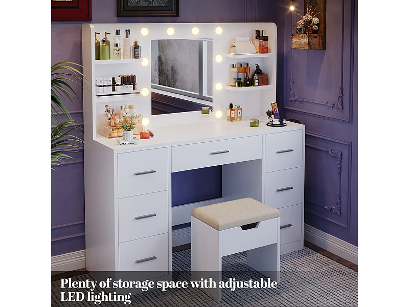 Coiffeuse avec miroir LED réglable et prise, bureau de maquillage moderne, 7 tiroirs et 4 étagères, avec tabouret, 110 x 40 x 140 cm